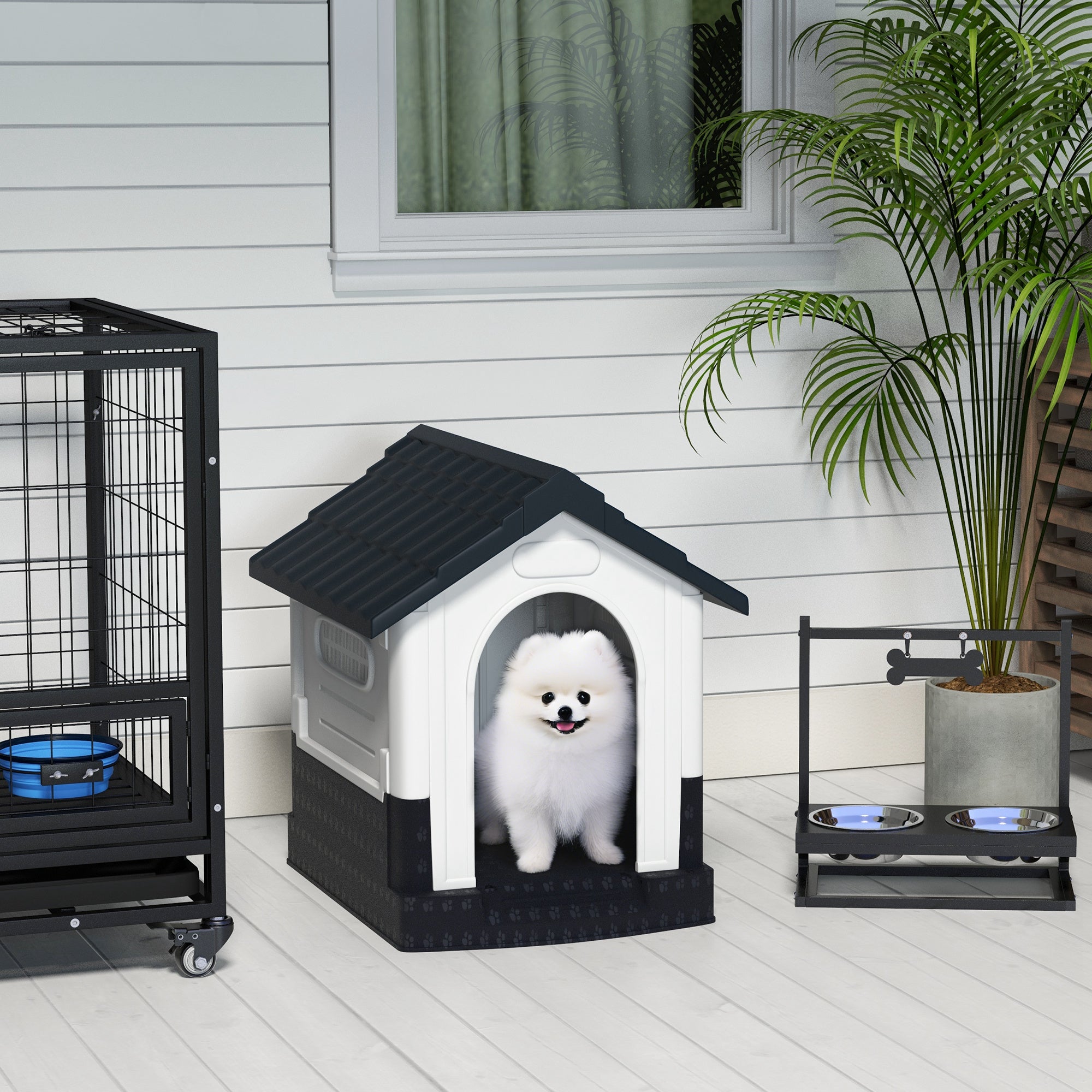PawHut Plastic Dog Kennel with Windows, for Garden Patio, Miniature Dogs, 64.5 x 57 x 66cm - Grey - North Peak Garden Furniture
