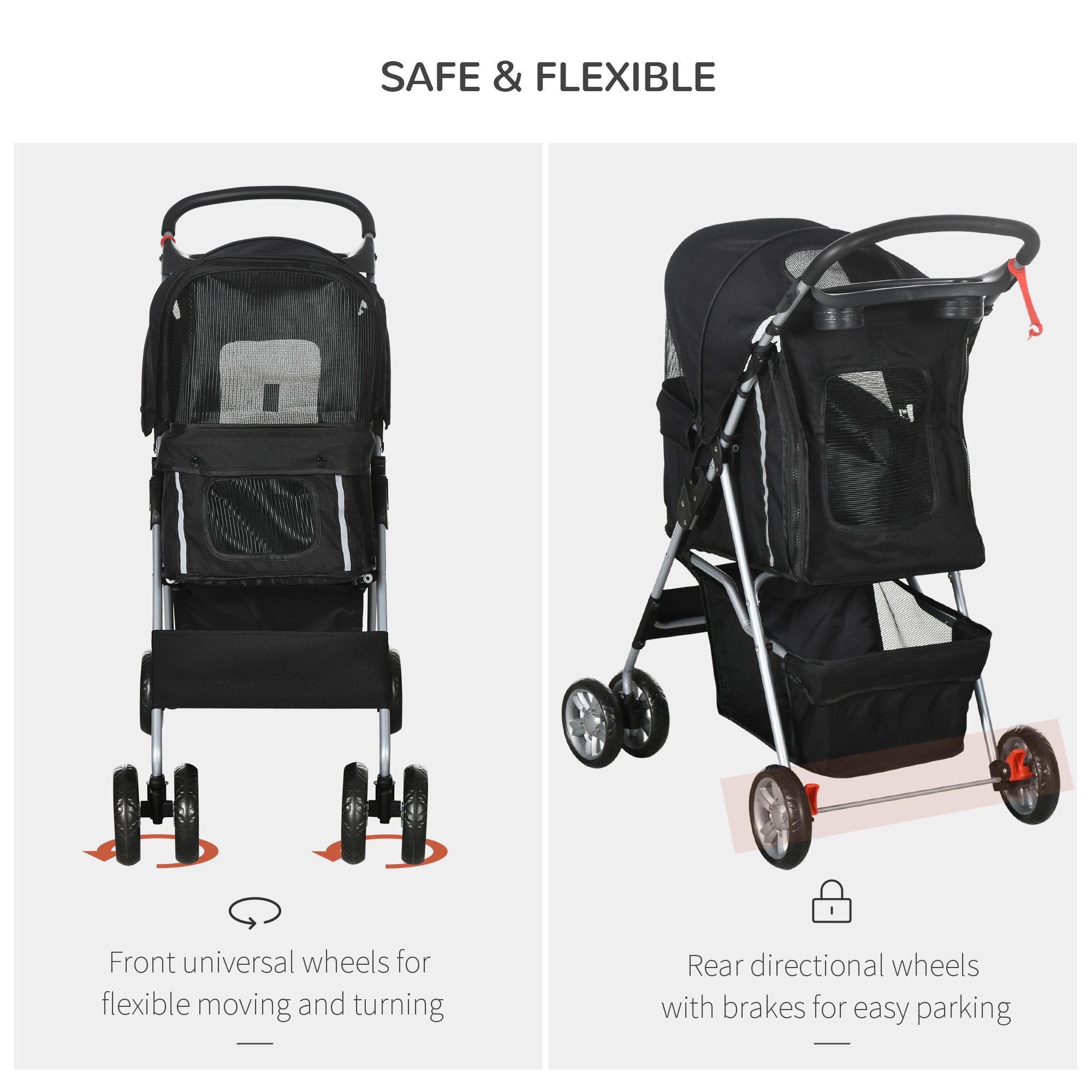 PawHut Pet Travel Stroller with Rain Cover, 4 Wheels Foldable Travel Carriage with Wheels Zipper Entry Cup Holder Storage Basket Black - North Peak Garden Furniture