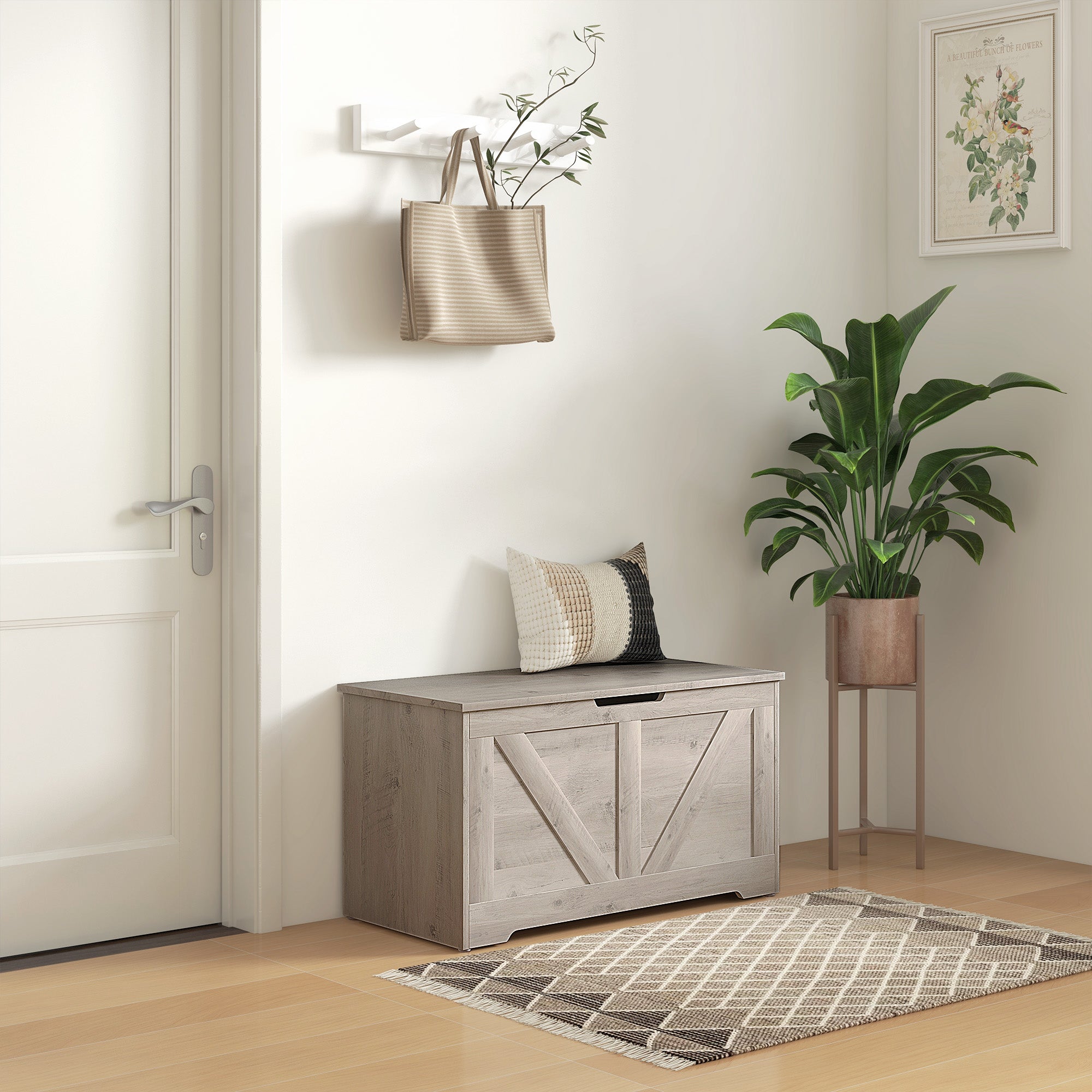 HOMCOM 100L Home Storage Box, with Safety Hinges - White Wood-Effect - North Peak Garden Furniture