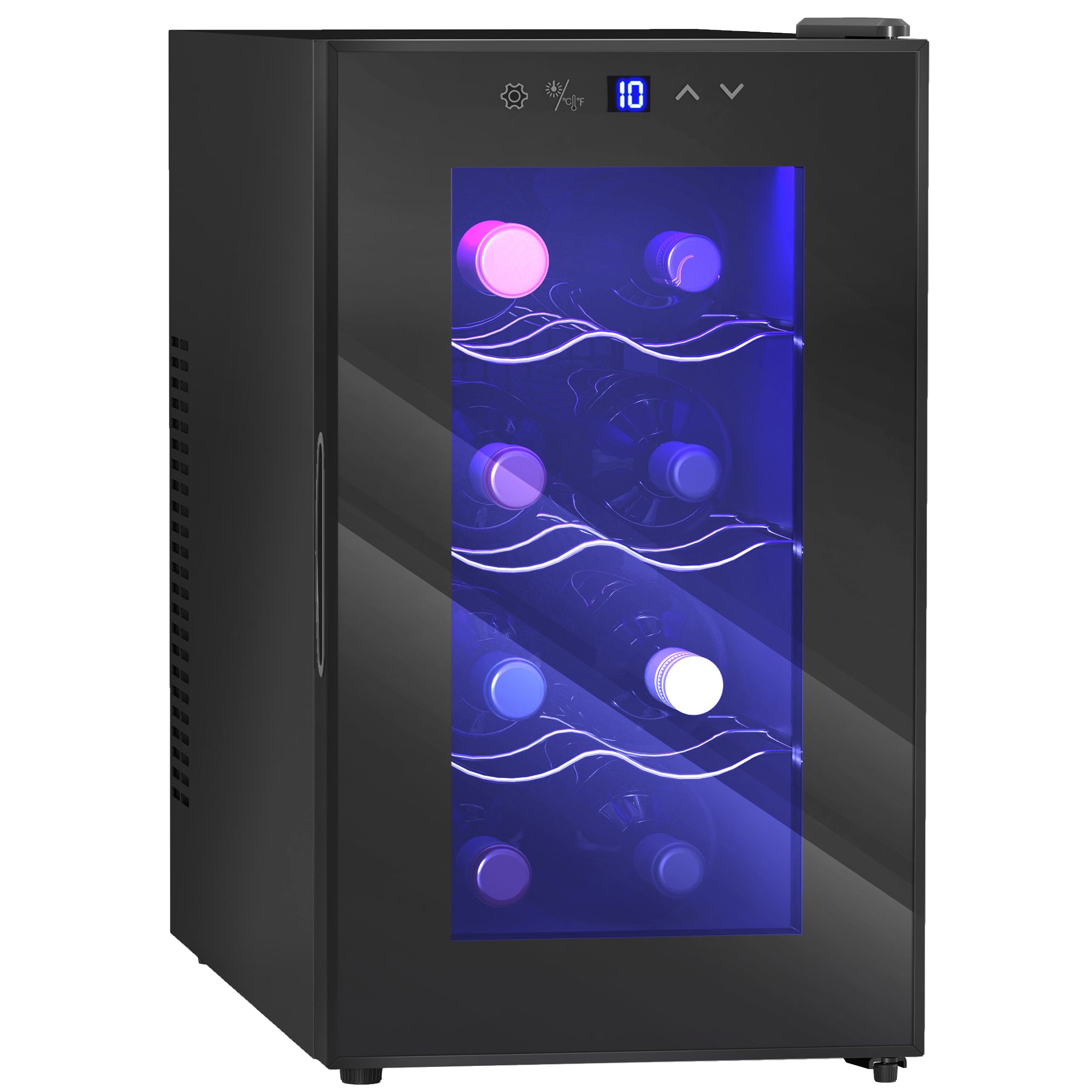 HOMCOM Mini Freestanding Wine Cooler Fridge, 8 Bottle, 21L, 26.5cm Quiet Thermoelectric Under Counter Drinks Beer Wine Fridge with Glass Door, LED Light, Digital Touch Screen, Temperature Control - North Peak Garden Furniture