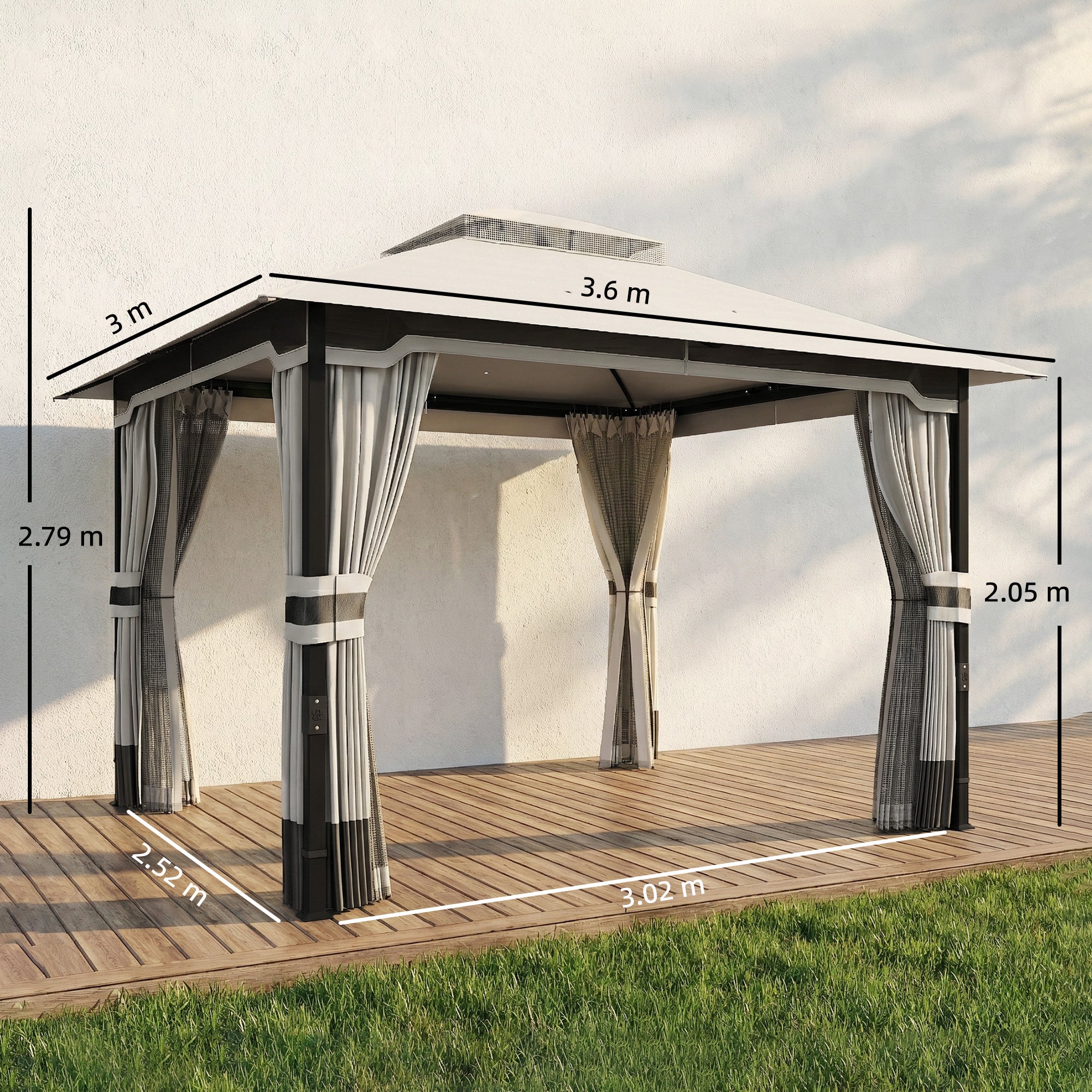Outsunny 3 x 3.6 m Outdoor Garden Gazebo with Netting and Curtains, Double Roof Patio Gazebo Permanent Pavilion, Light Grey