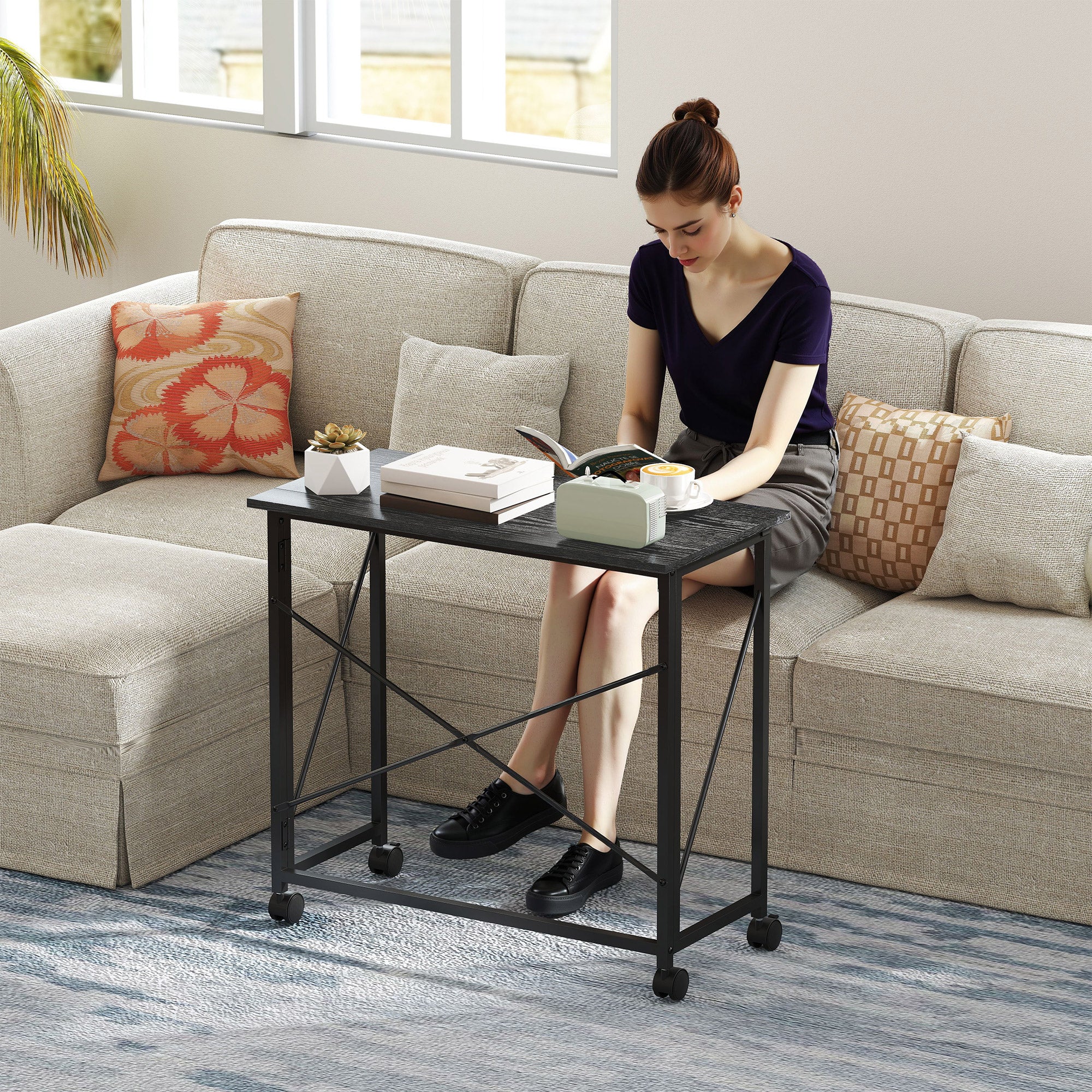 HOMCOM 80 cm Folding Desk on Wheels - Black - North Peak Garden Furniture