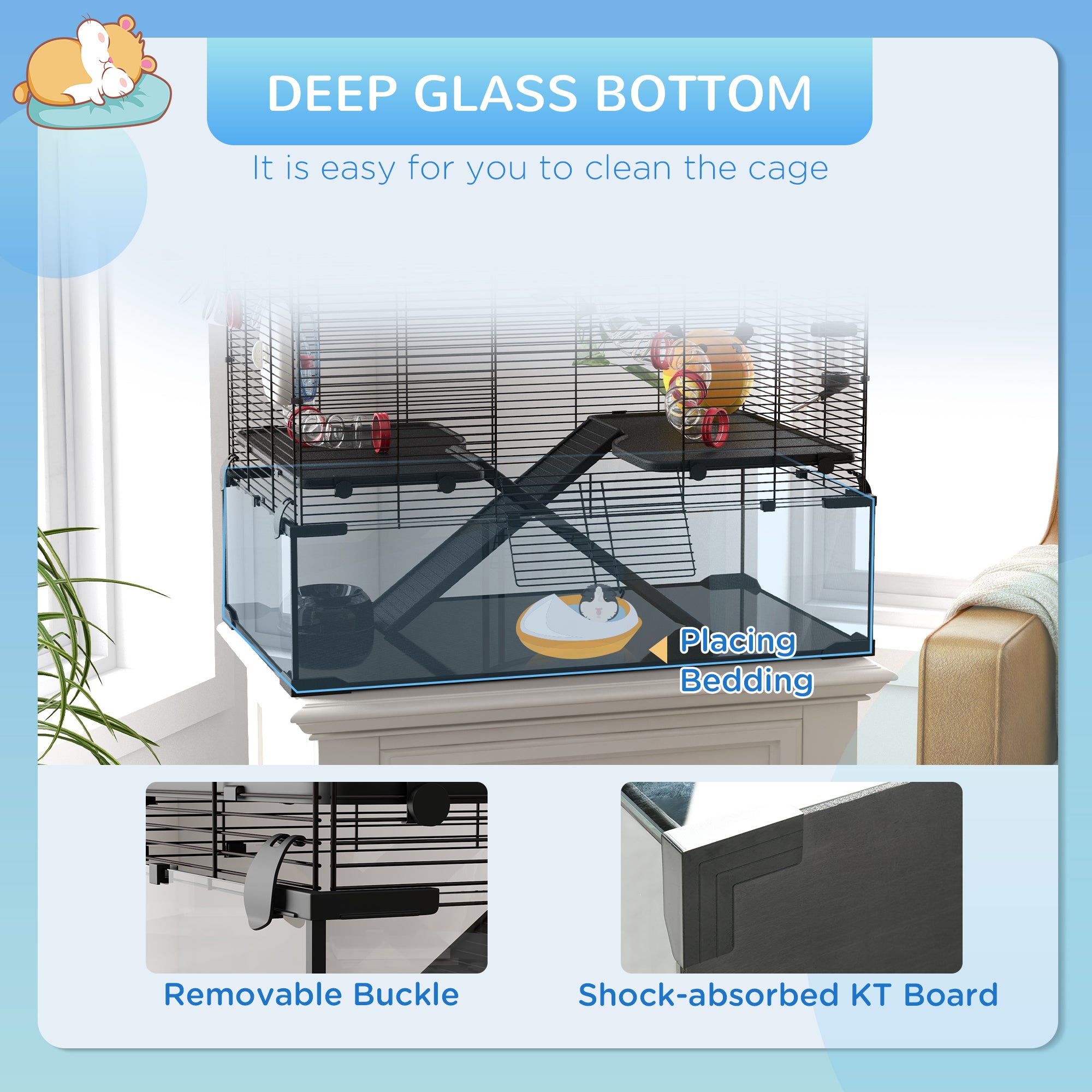 PawHut Gerbil Cage, Dwarf Hamster Cage, with Deep Glass Bottom, Tunnels, Ramps, Hut, Exercise Wheel, 78.5 x 48.5 x 57cm - North Peak Garden Furniture