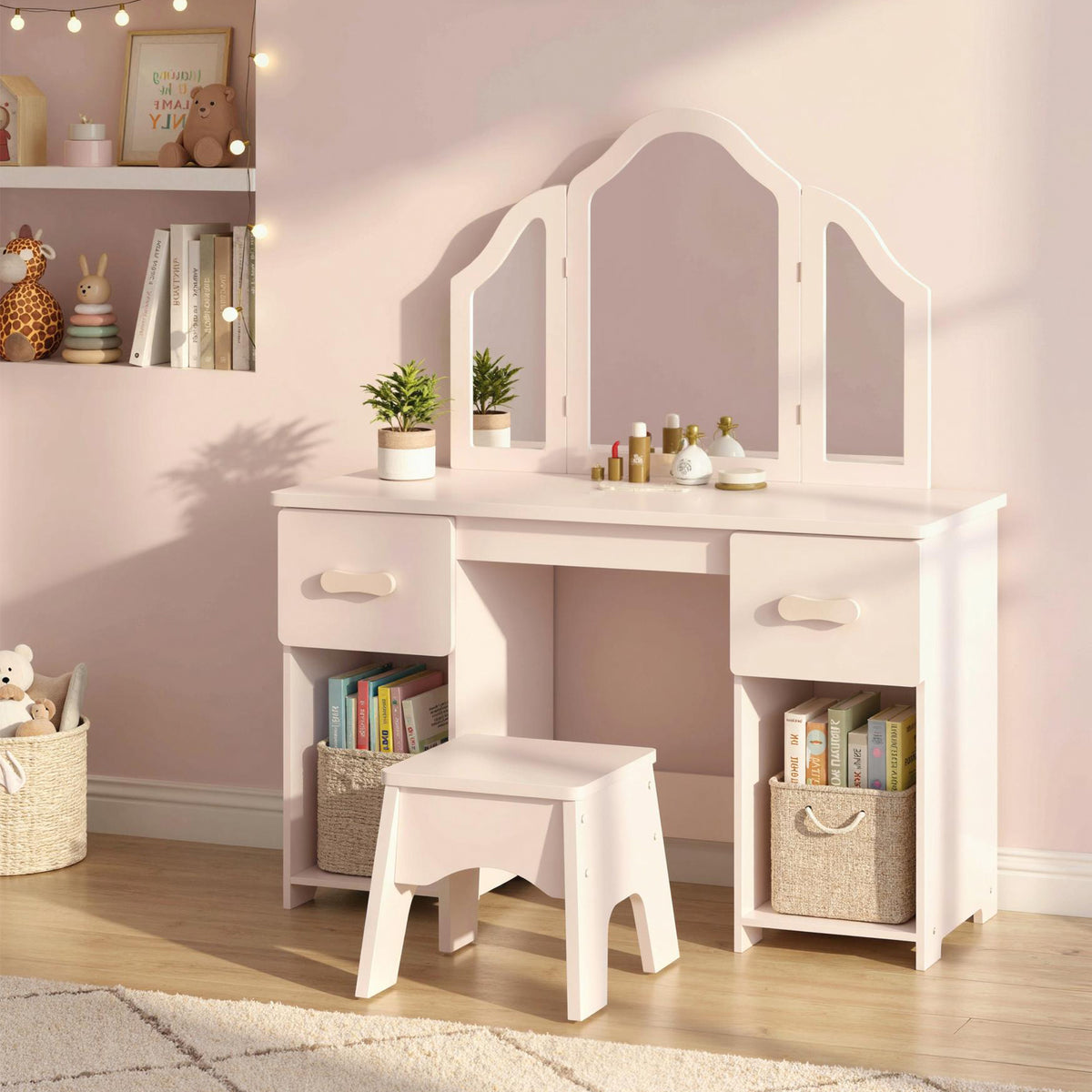 AIYAPLAY Kids Dressing Table, Kids Vanity Table and Chair Set with Tri-Folding Mirror, 2 Drawers, 2 Cabinets for Girls 3+, Pink