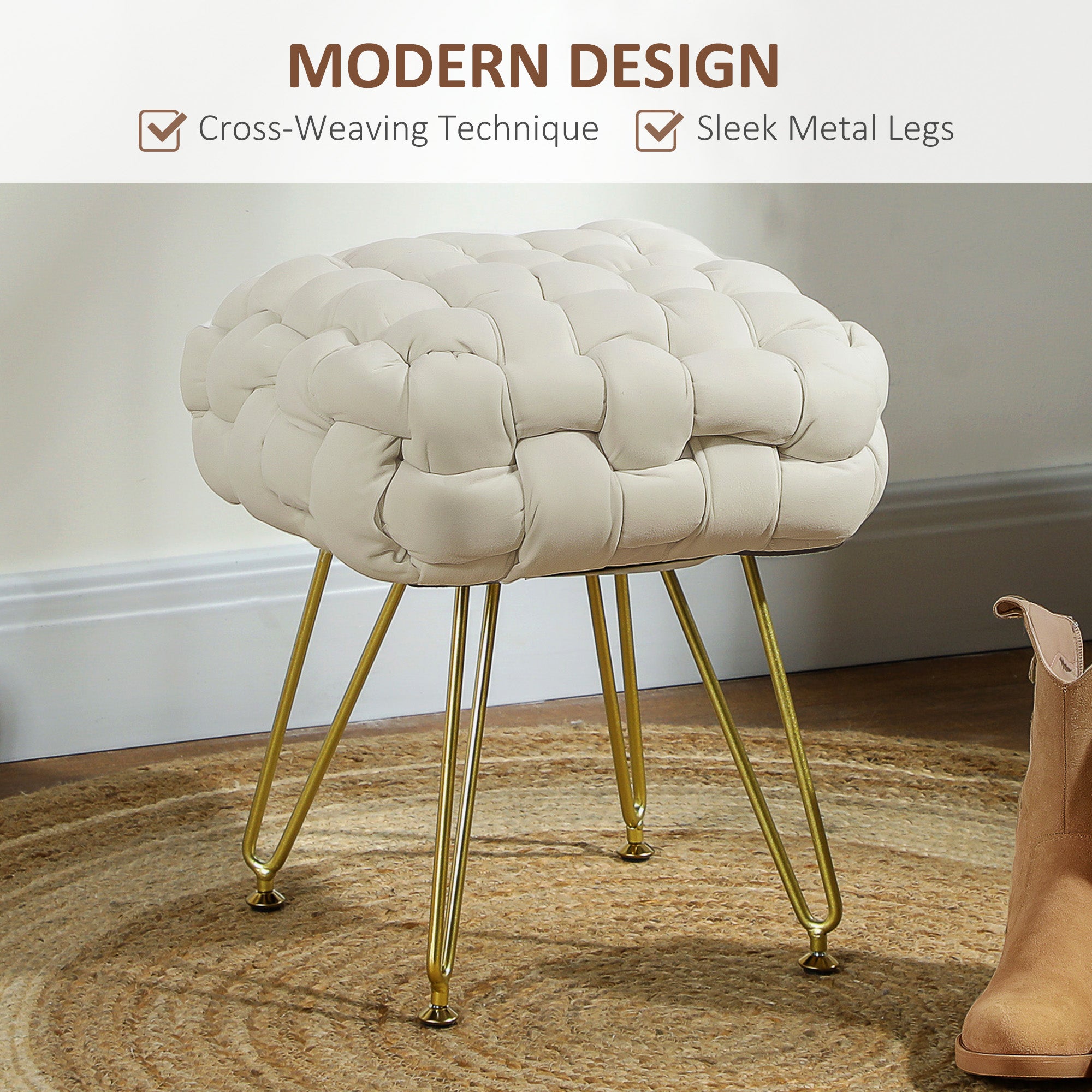 HOMCOM Velvet-Feel Bold Woven Footstool - Cream White - North Peak Garden Furniture