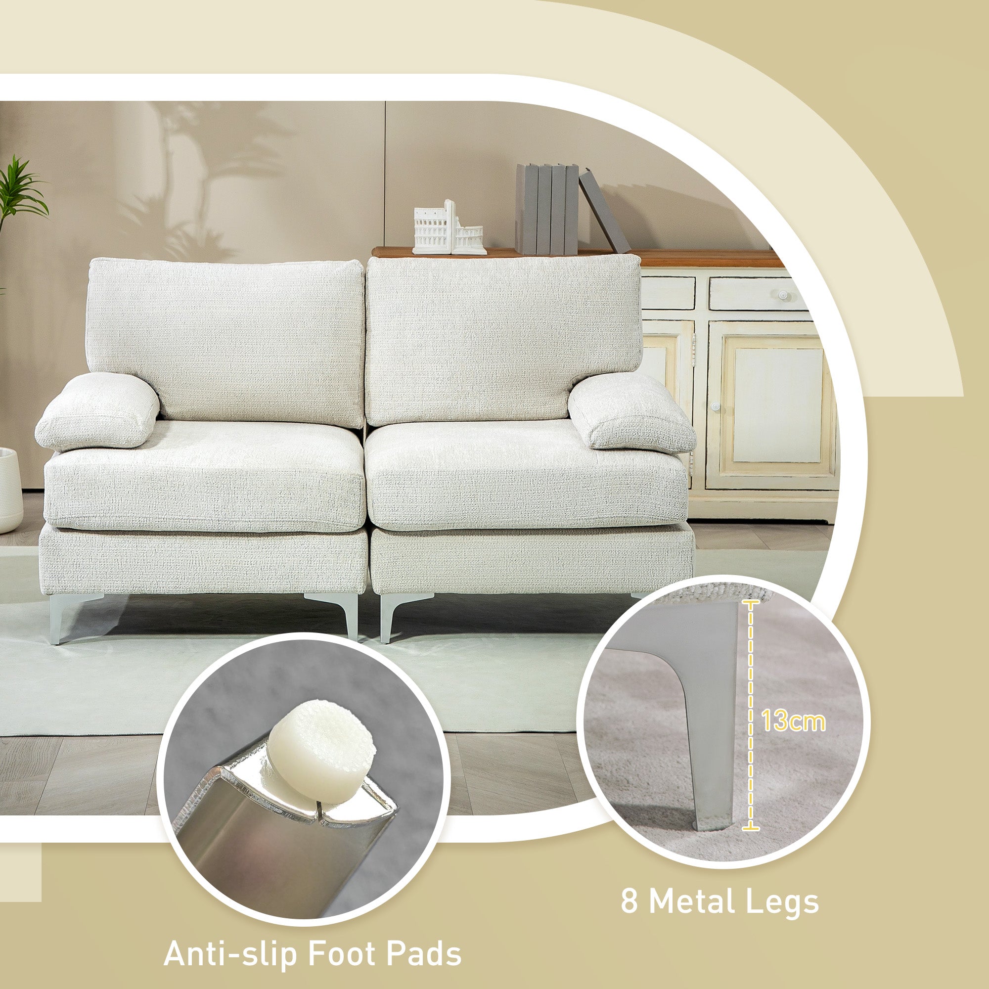 HOMCOM 2 Seater Sofa, Modern Fabric Loveseat with Spring Cushion and Metal Legs, Small Couch for Living Room, Bedroom, Home Office, Reception, Cream White - North Peak Garden Furniture