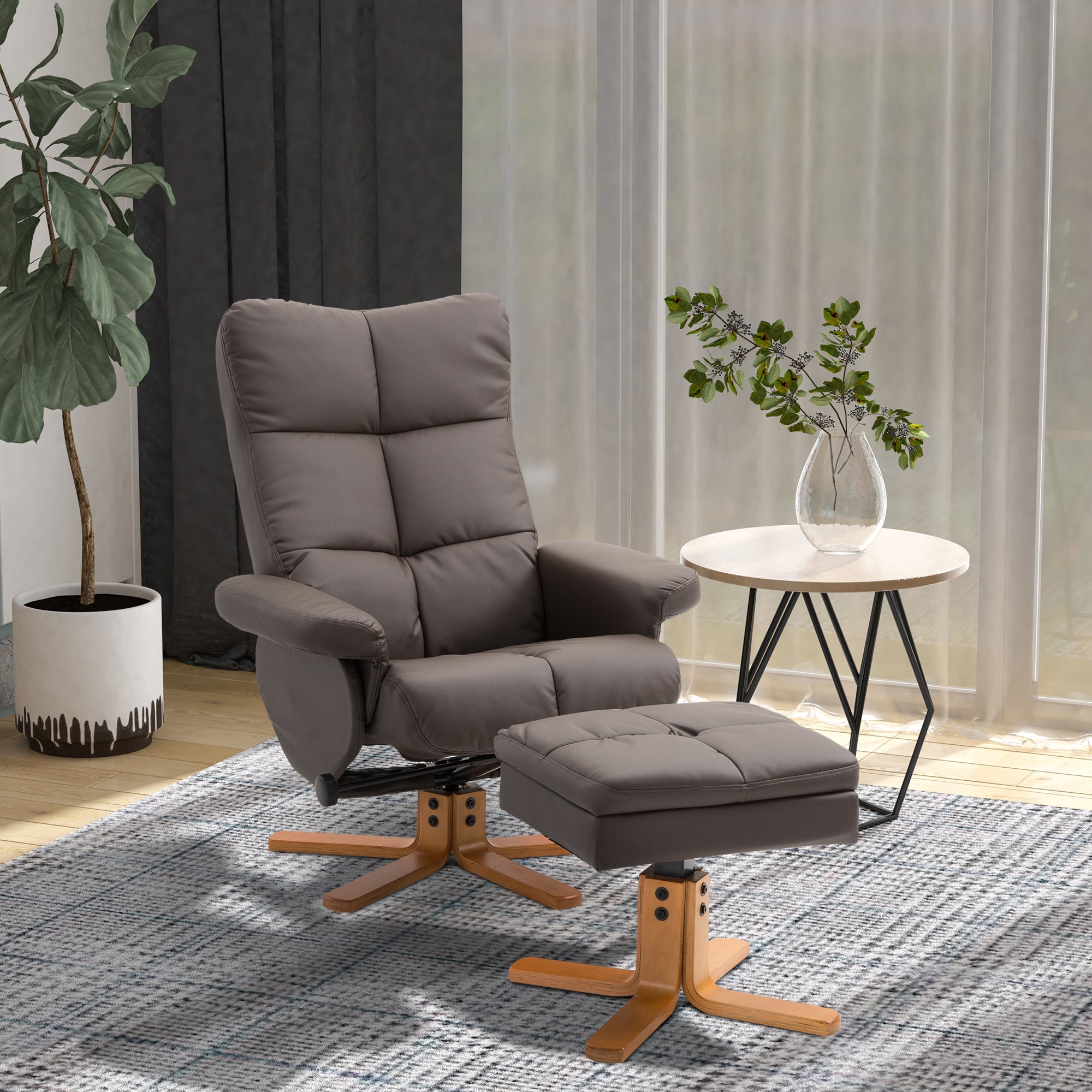 HOMCOM Recliner Armchair, Swivel Reclining Chair With Ottoman, Swivel Faux Leather Chair with Wooden Base and Storage Footstool for Living Room, Brown - North Peak Garden Furniture