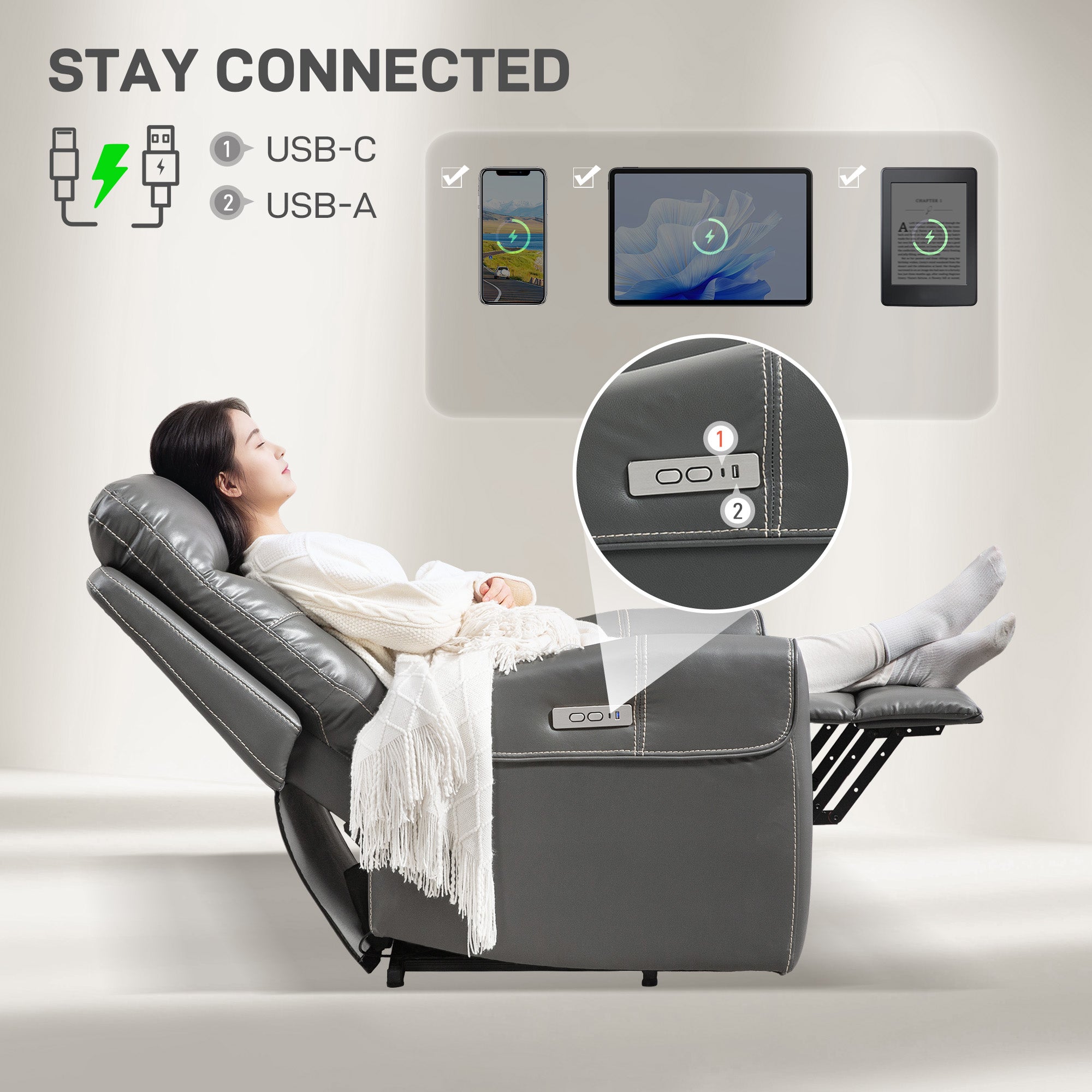HOMCOM Power Lift Recliner Chair for Elderly, Overstuffed Faux Leather Riser and Reclining Chair with USB A+C Ports, Remote Control, Recliner Armchair for Living Room, Charcoal Grey - North Peak Garden Furniture