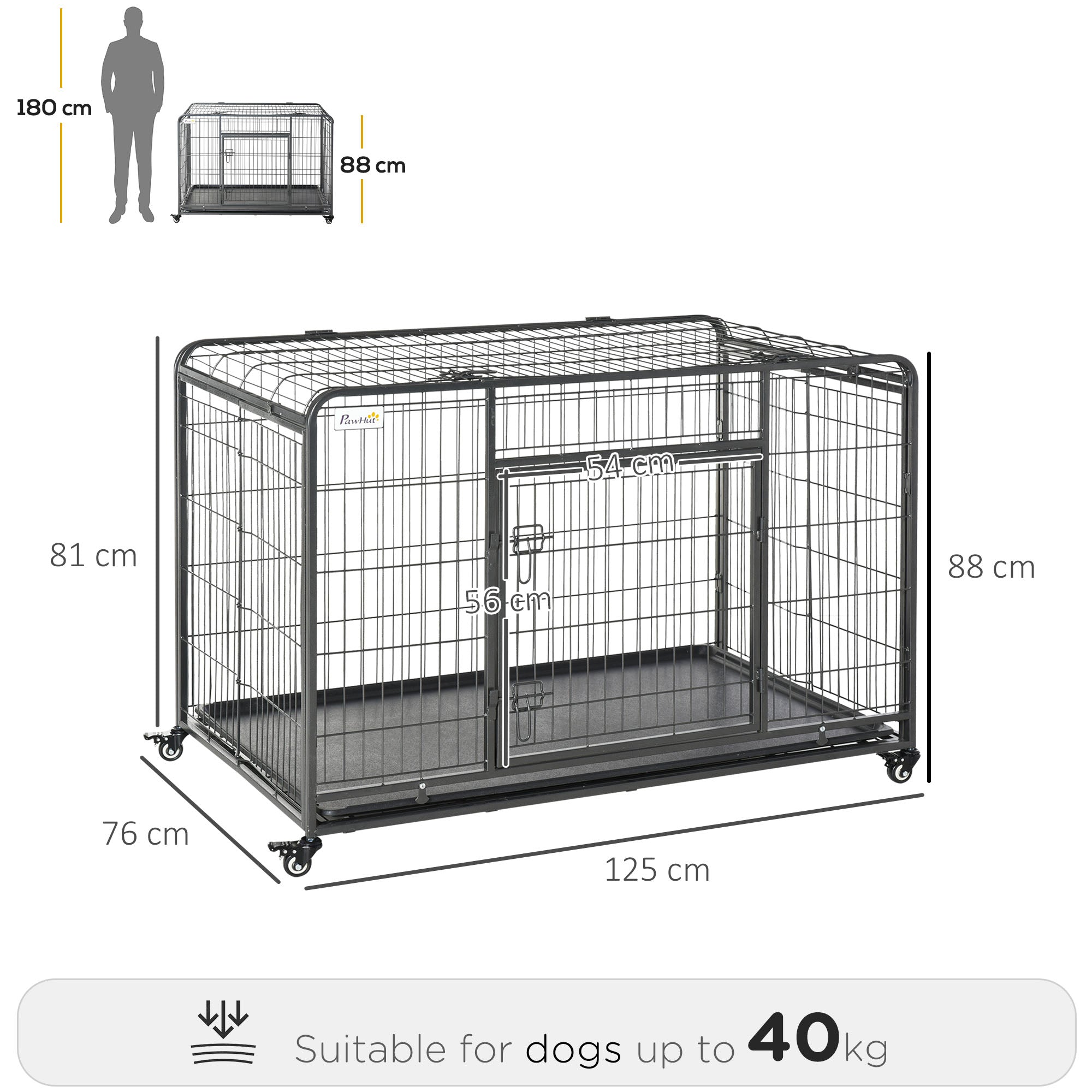PawHut Metal Dog Cage Kennel Locking Door & Wheels Removable Tray Openable Top For Extra Large Pets 125 x 76 x 81 cm - North Peak Garden Furniture