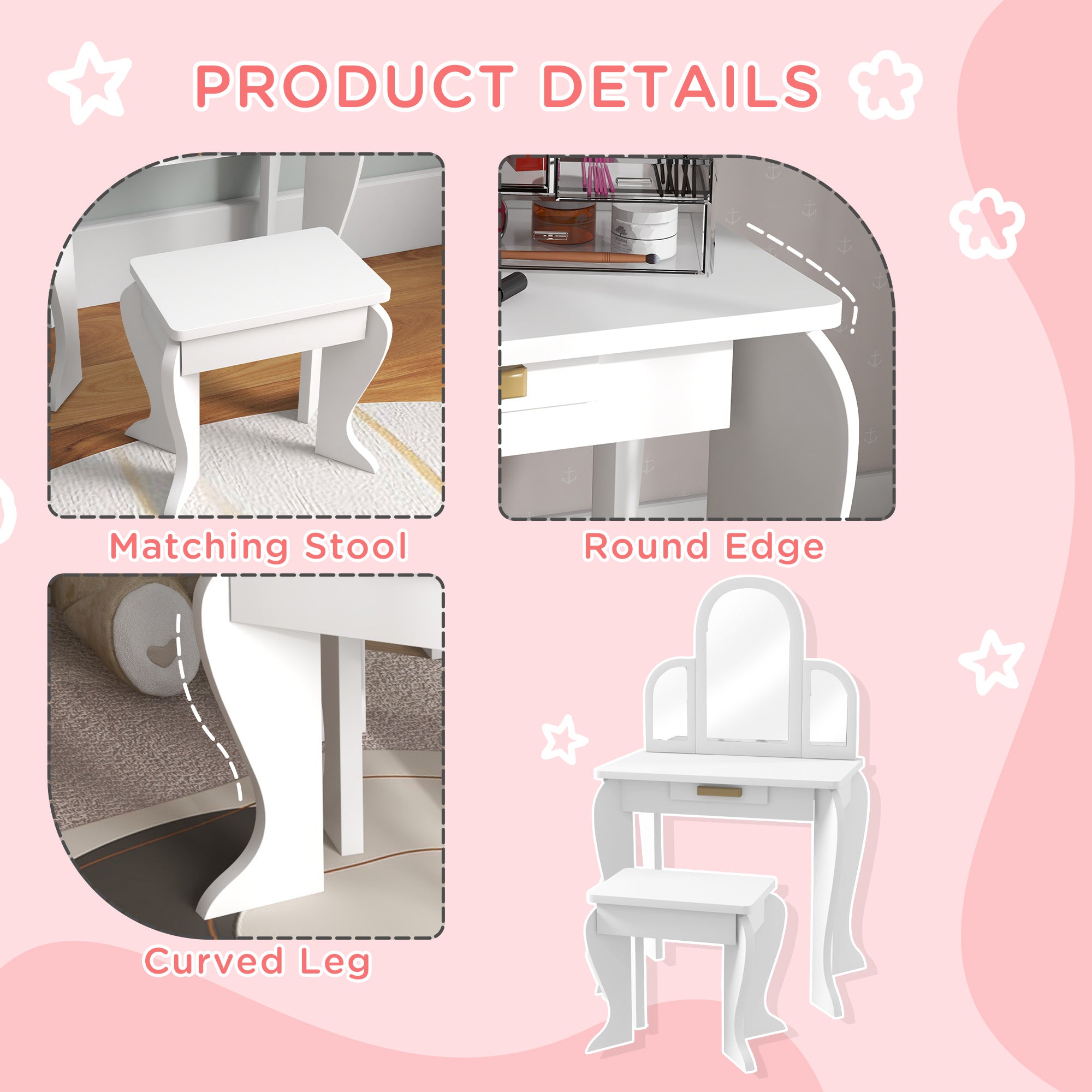 HOMCOM Kids Dressing Table Set, with Mirror and Drawer - White