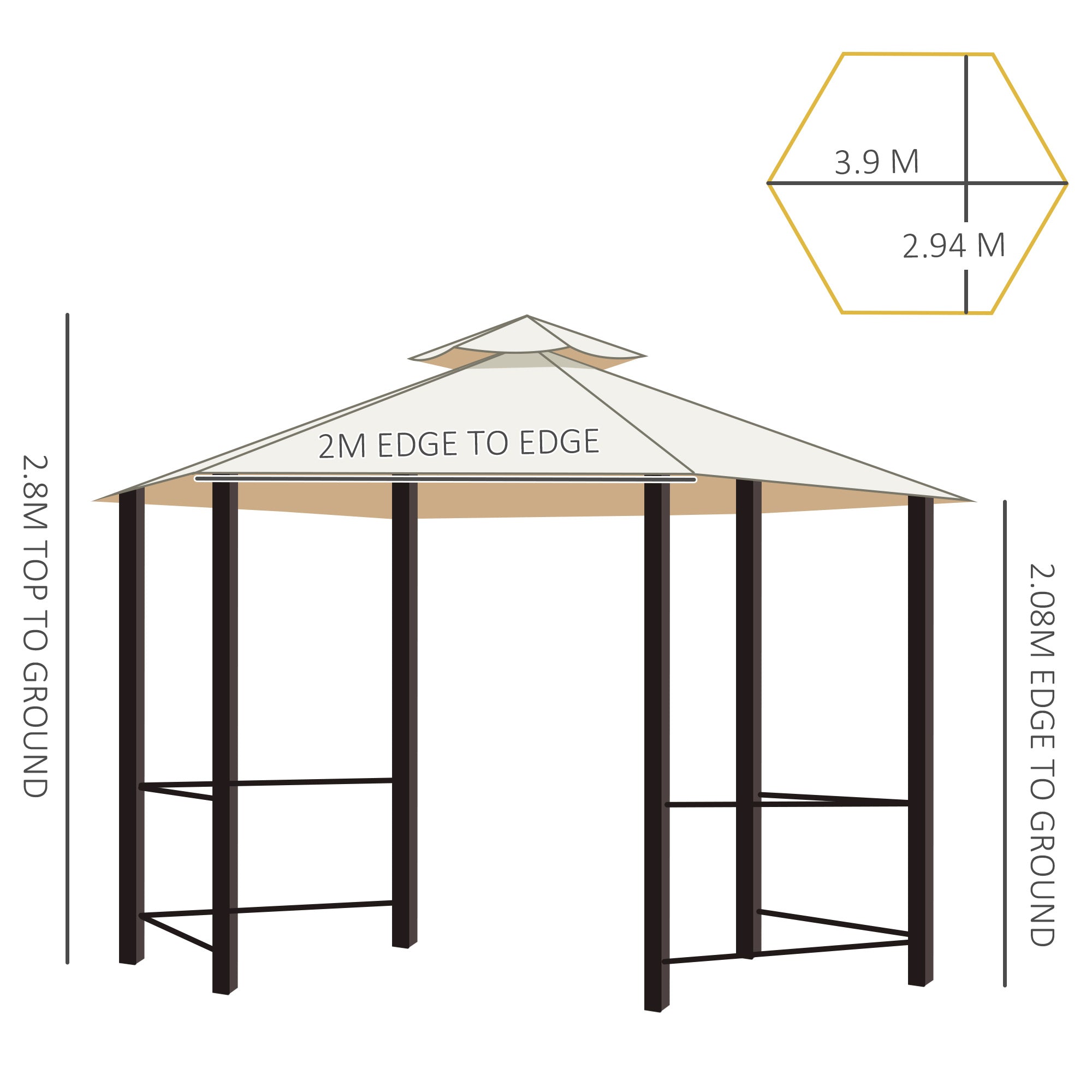 Outsunny 3 x 3(m) Hexagon Gazebo Patio Canopy Party Tent Outdoor Garden Shelter w/ 2 Tier Roof & Side Panel - Beige - North Peak Garden Furniture