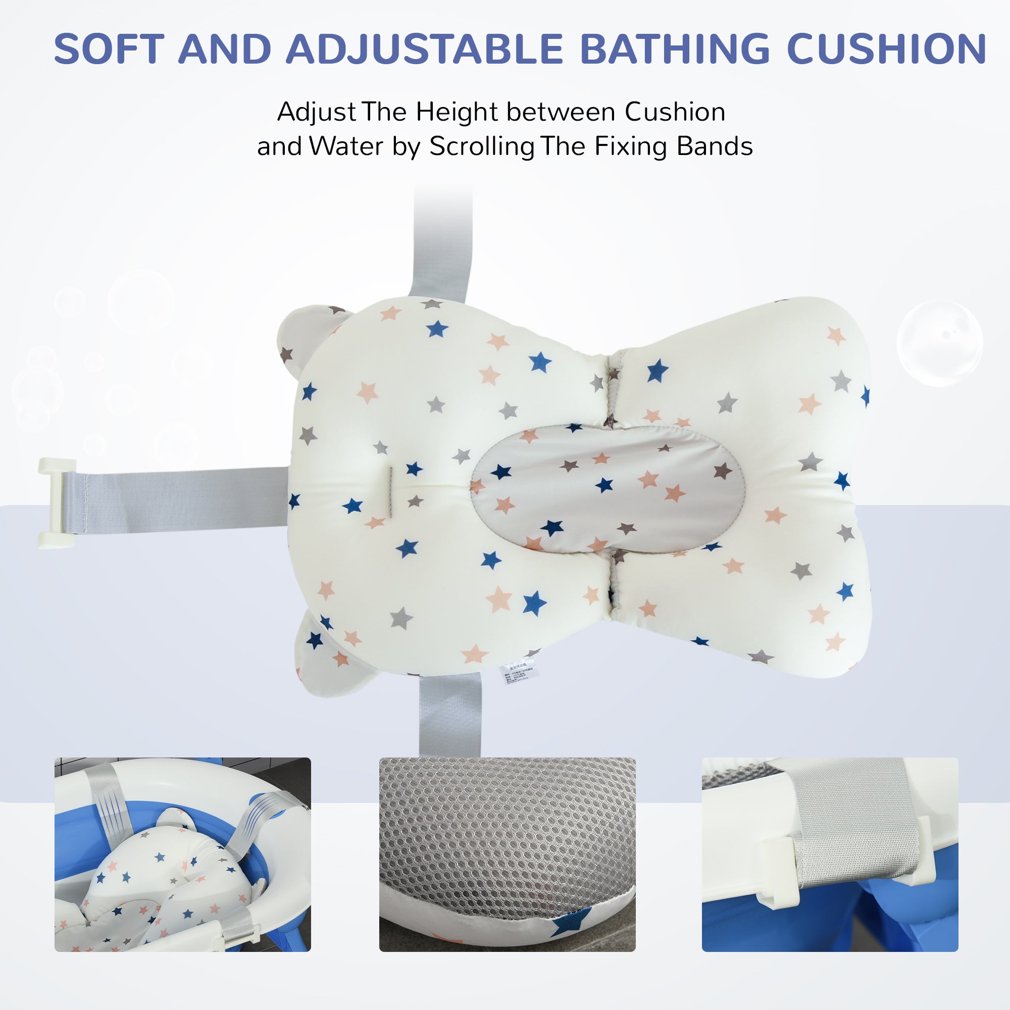 HOMCOM Foldable Baby Bathtub Set, Collapsible Bath Tub with Thermostatic Water Plug, Non-Slip Support, Cushion Pad, Drain Plugs, for Newborn to 3 Years - Blue - North Peak Garden Furniture