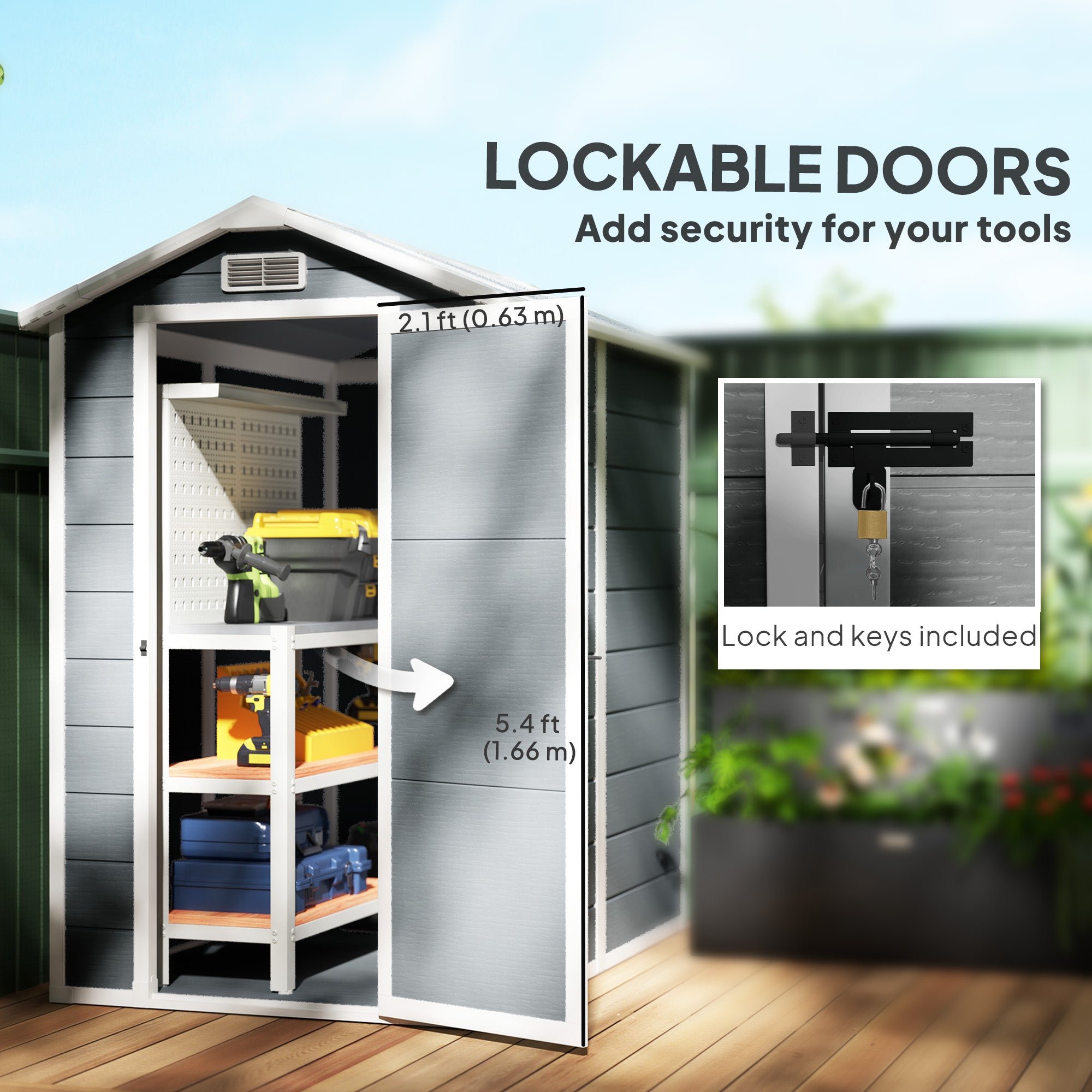 Outsunny 4 x 6ft Garden Shed, Plastic Shed with Floor, Window, Lockable Door and Vents, Resin Tool Shed for Outdoor Patio Storage, Zero Maintenance, Grey - North Peak Garden Furniture