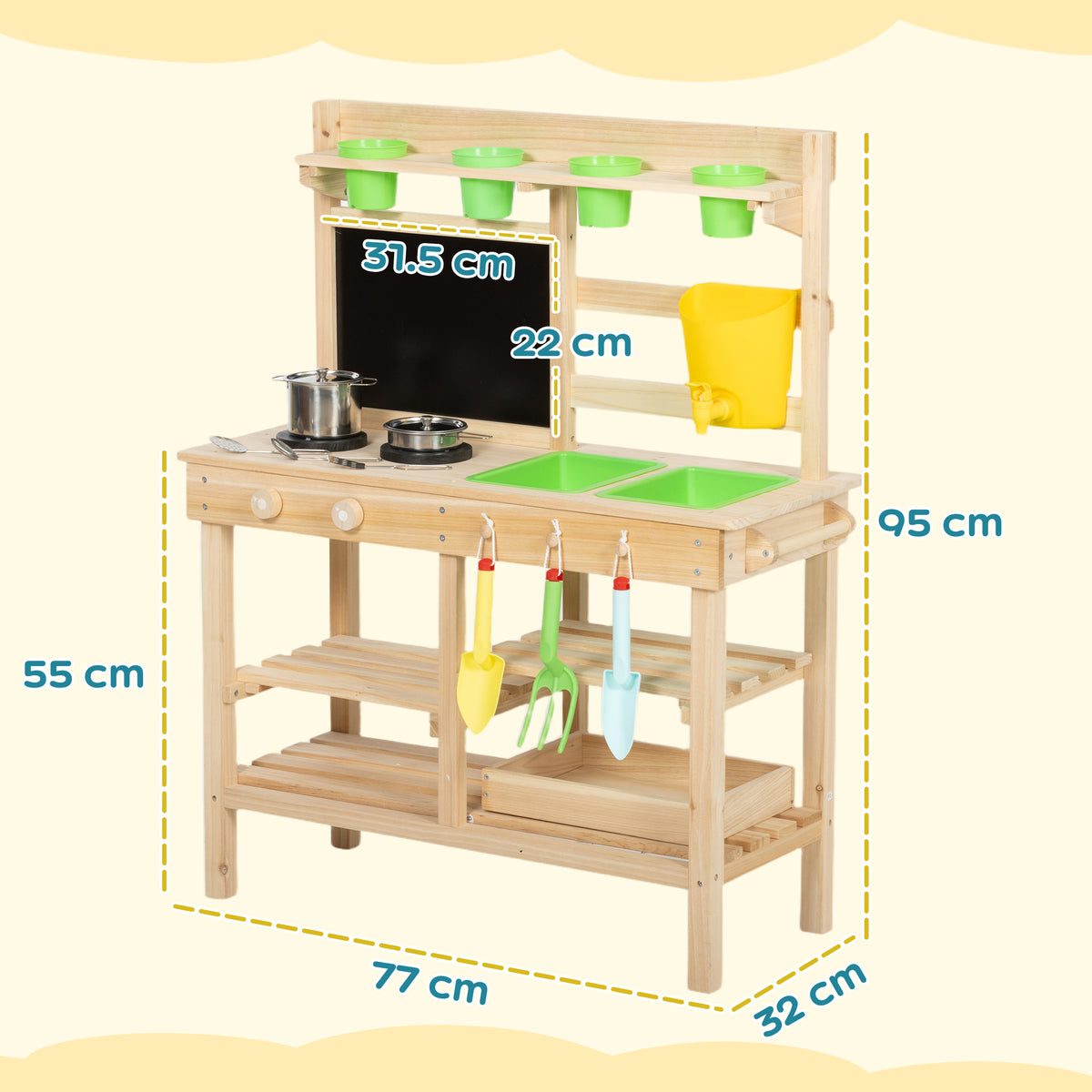 AIYAPLAY Kids Mud Kitchen, Outdoor Wooden Play Kitchen with Kitchenware & Garden Tools, Pretend Play Outdoor Toys, Natural