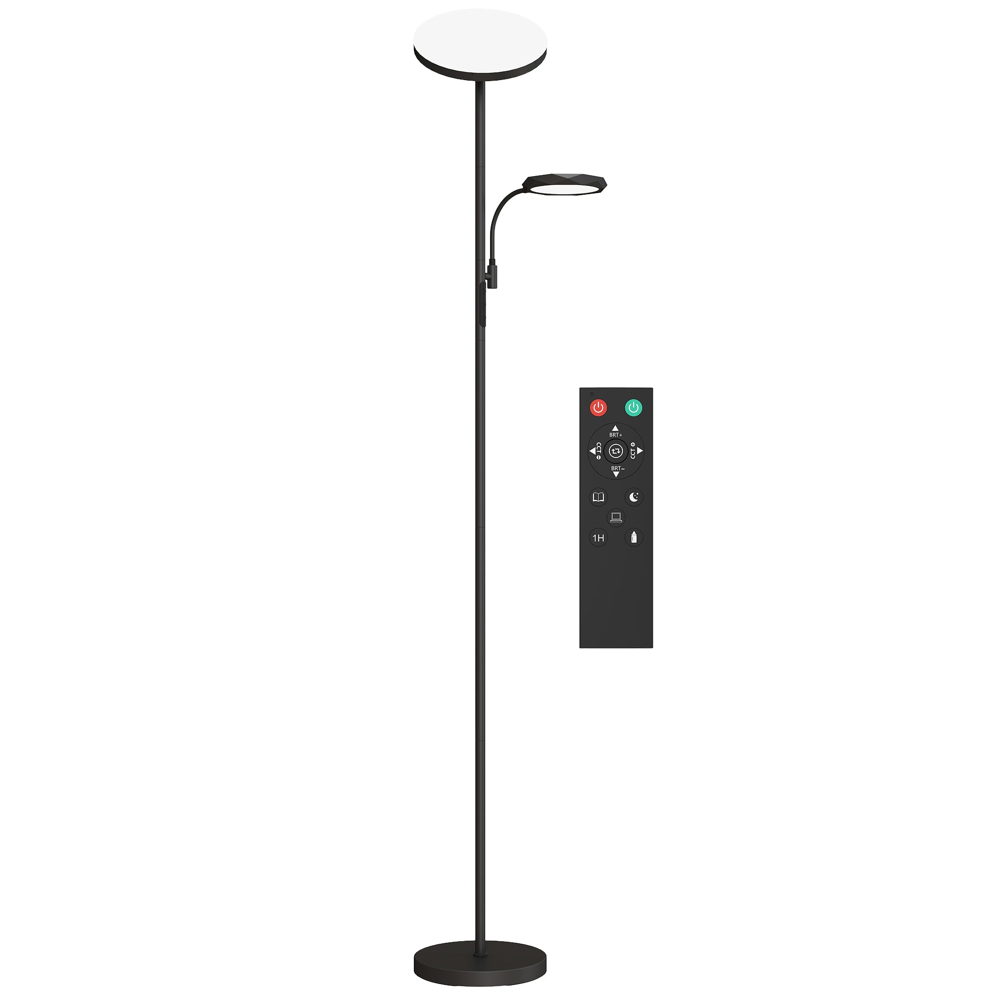 HOMCOM Mother and Child Uplighter Floor Lamp for Living Room, Stepless Dimmable Standing Lamp with Reading Light, 4 Scene Modes, 2700K-6500K Colour Temps, 4 Brightness Levels, Remote Control, Black - North Peak Garden Furniture