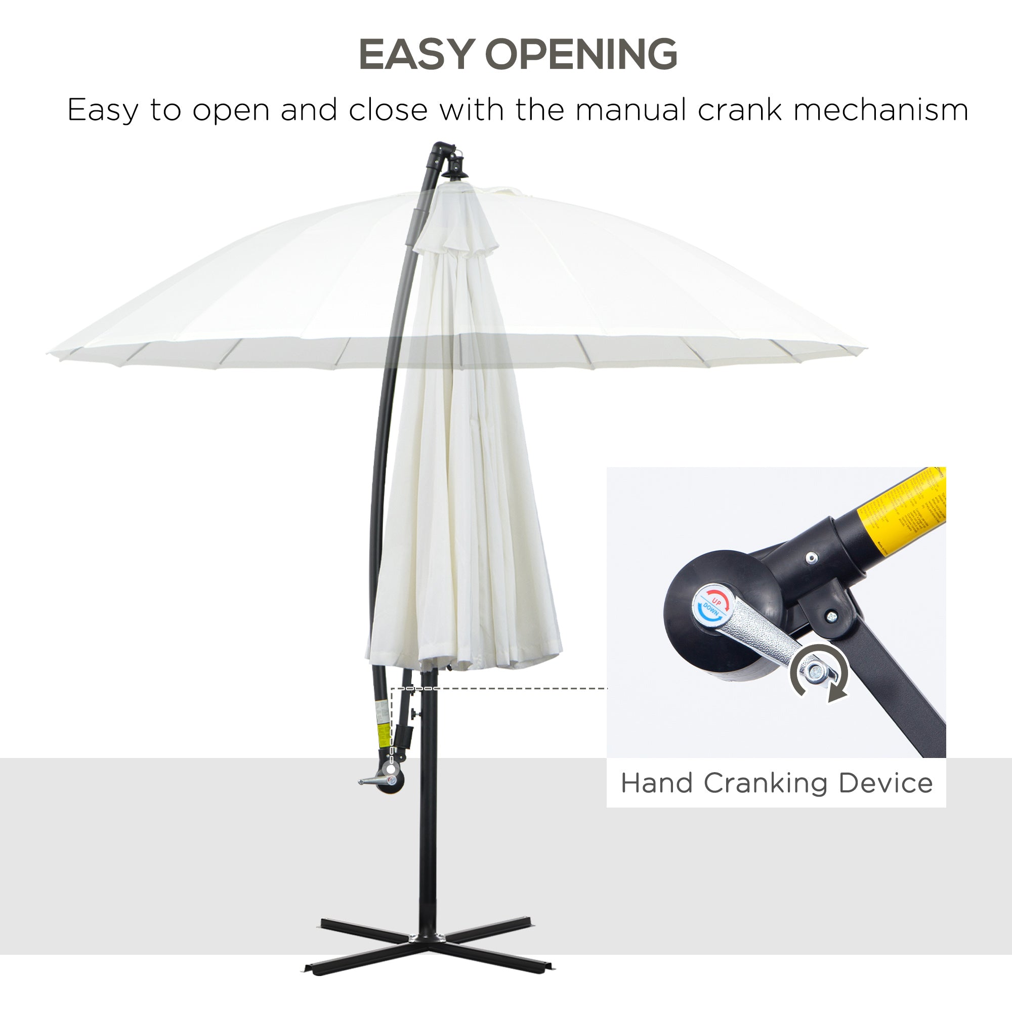 Outsunny 3(m) Cantilever Shanghai Parasol Garden Hanging Banana Sun Umbrella with Crank Handle, 18 Sturdy Ribs and Cross Base, Off-White