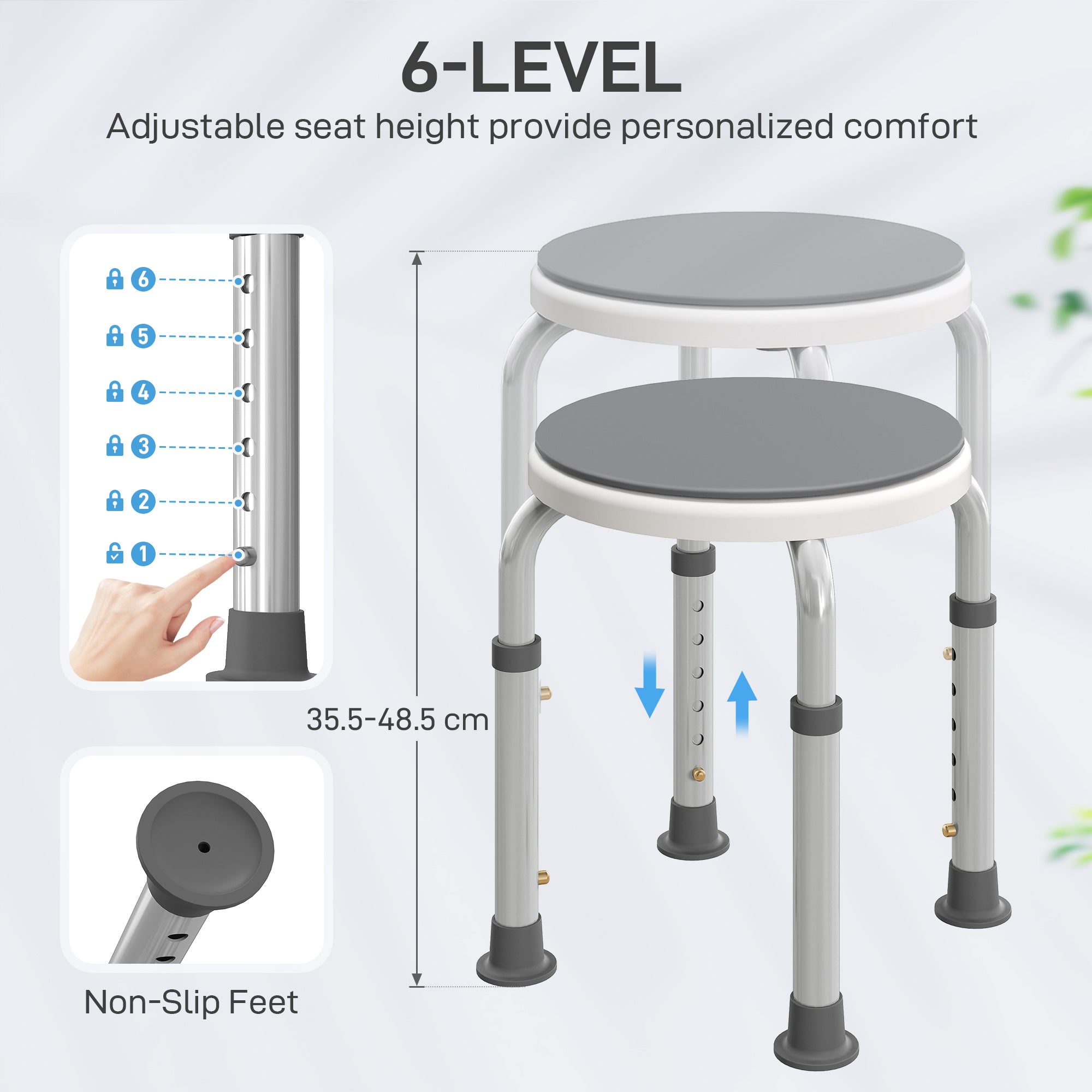 HOMCOM 360° Swivel Shower Chair, Height Adjustable Aluminium Shower Stool with Non-Slip Feet for Disabled, Elderly, Grey