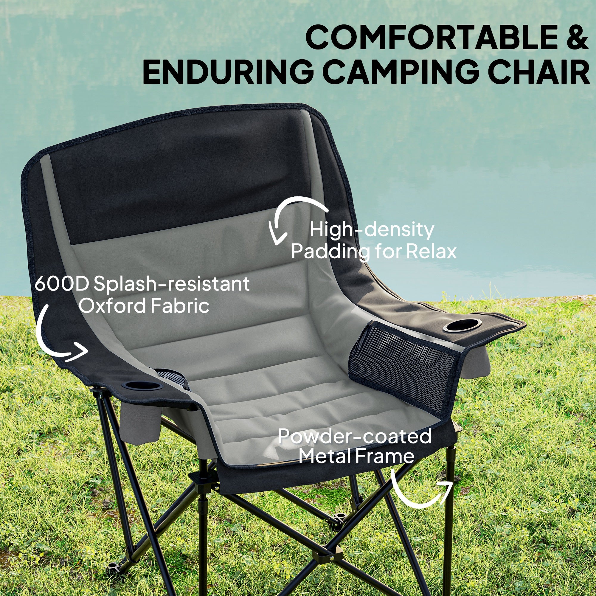 Outsunny Portable Padded Camping Chair, with Bag - Black/Grey - North Peak Garden Furniture