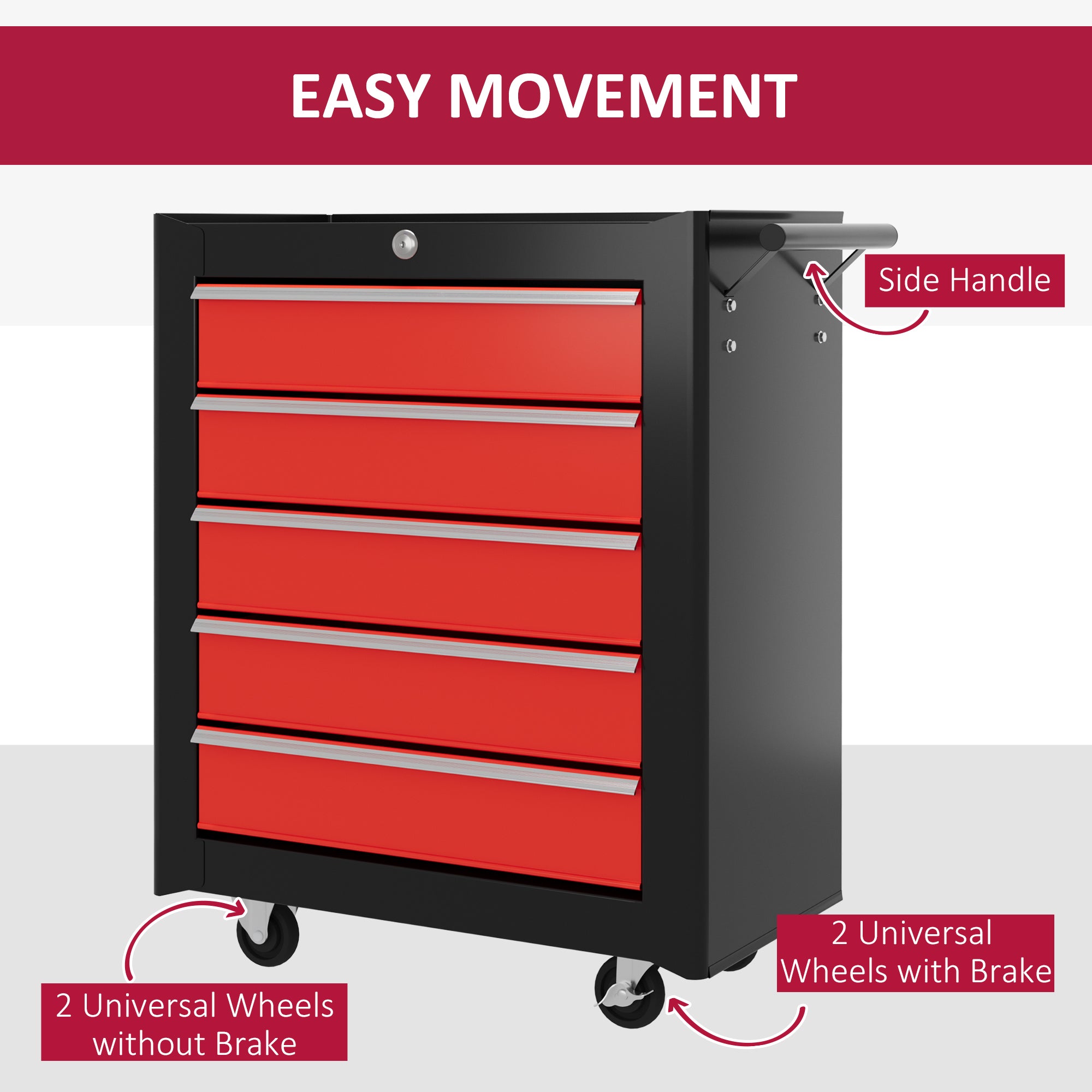 HOMCOM 5-Drawer Tool Chest with Wheels, Steel Lockable Tool Storage Cabinet with Handle, 2 Keys for Garage, Workshop, Red - North Peak Garden Furniture