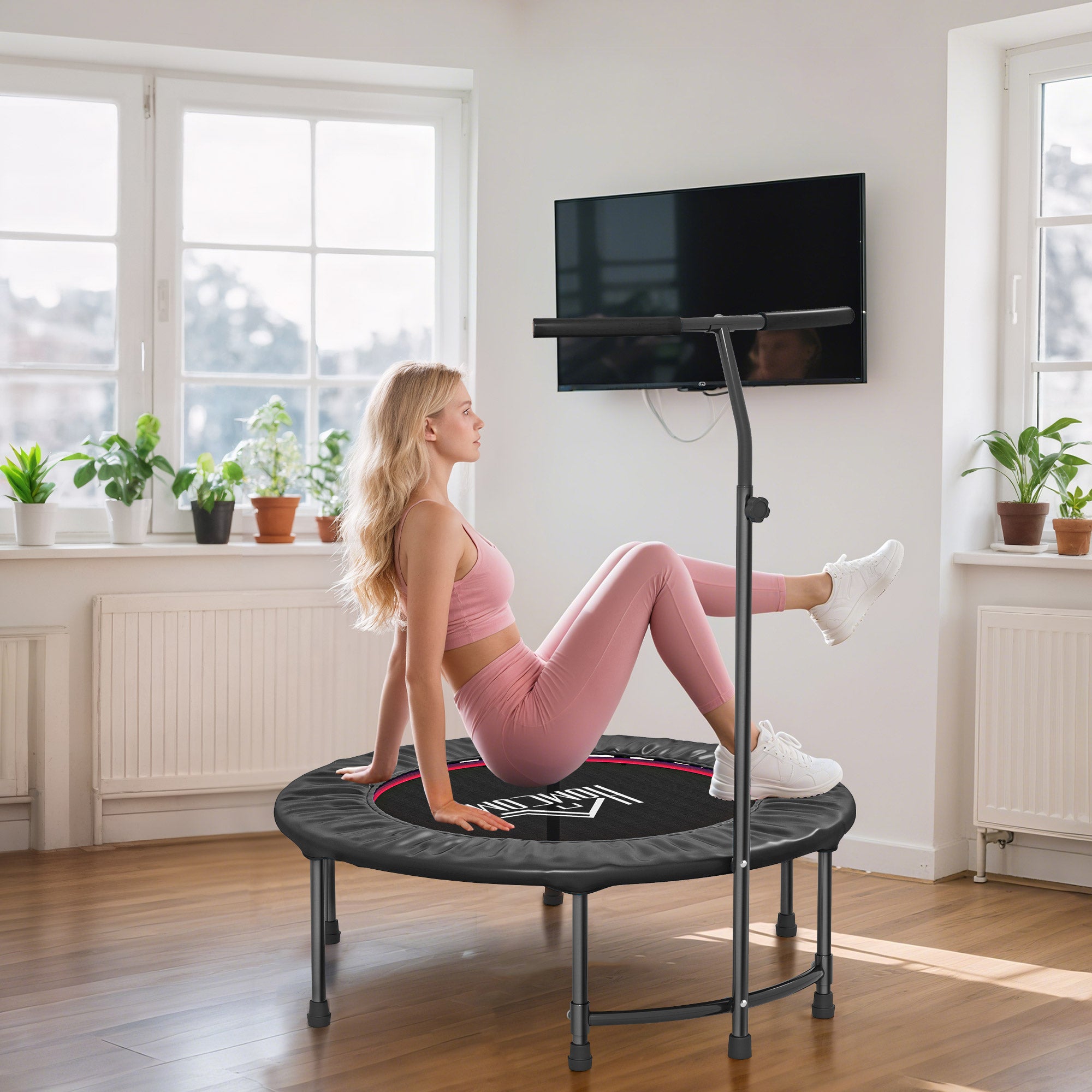 HOMCOM 40'' Fitness Trampoline with Adjustable Handle, Rebounder Trampoline Mini Jumper for Indoor Exercise Workout, Support Up to 100kg, Black