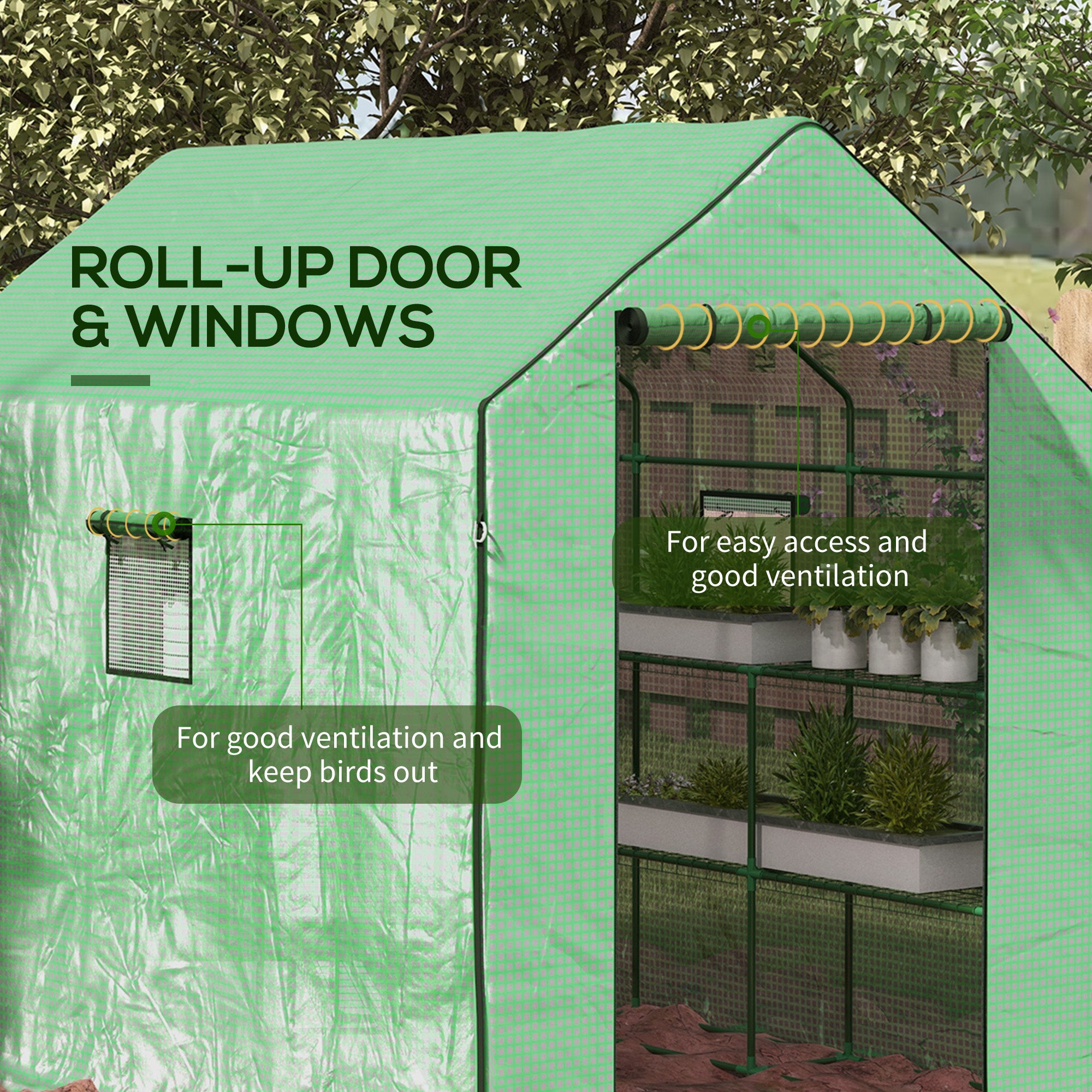 Outsunny Walk-in Greenhouse with 3 Tier Shelves, Outdoor Green House Garden Grow House with Reinforced PE Cover, Roll-up Door and Mesh Windows, 140 x 213 x 190cm, Green - North Peak Garden Furniture