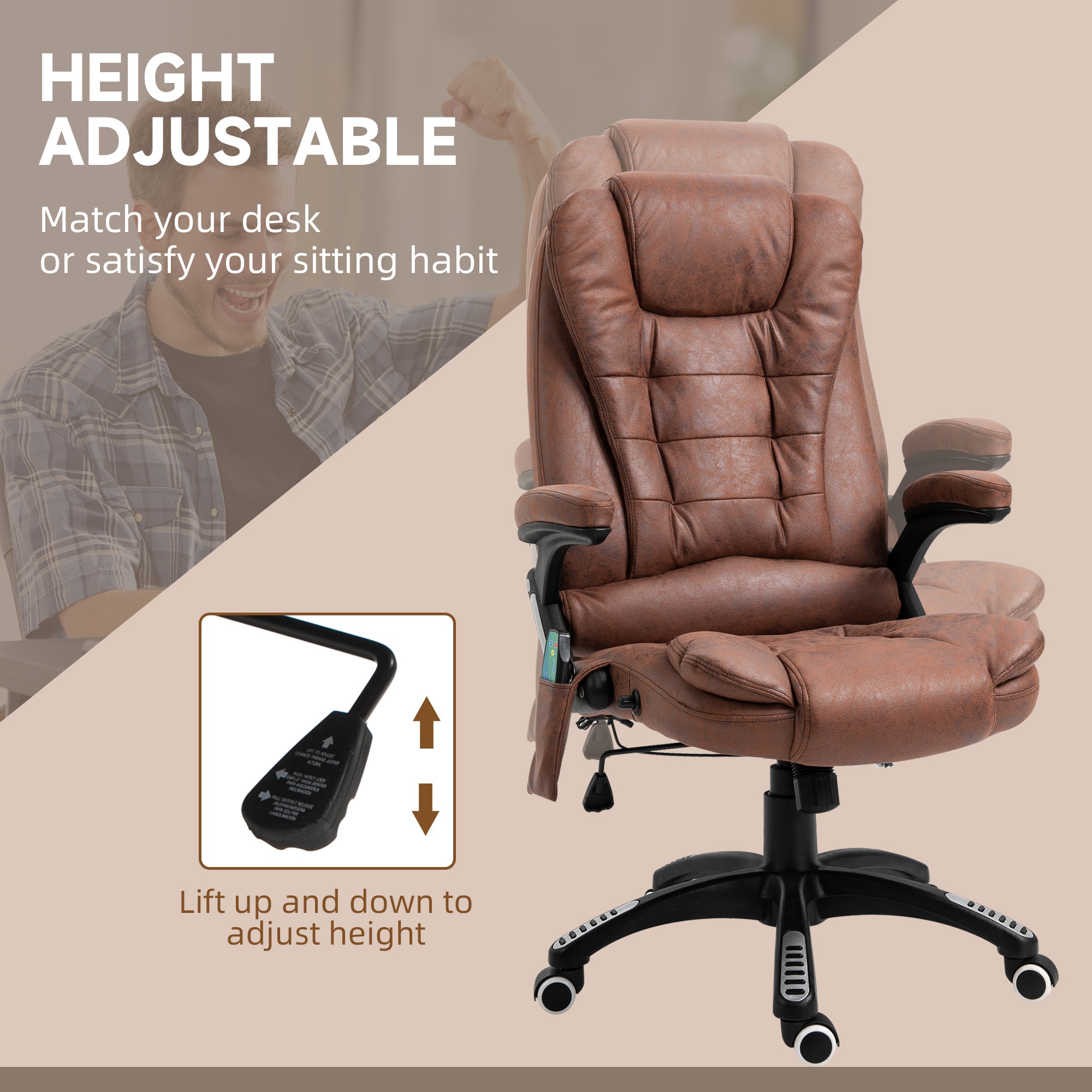 Vinsetto Massage Recliner Chair Heated Office Chair with Six Massage Points Microfiber Cloth 360° Swivel Wheels Brown - North Peak Garden Furniture
