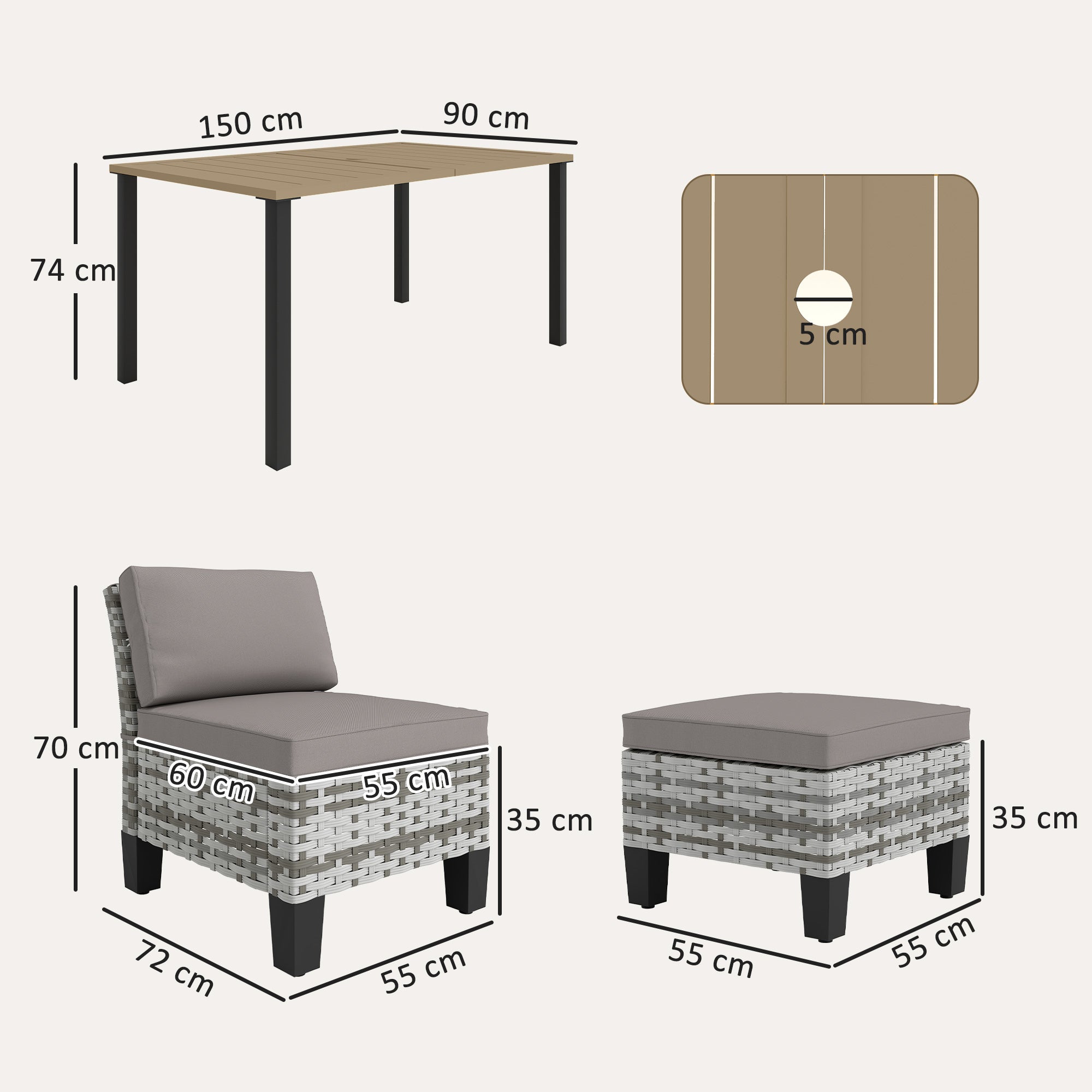 Outsunny 7-Piece Rattan Garden Dining Set, 6 Seater Wicker Garden Furniture Set with Seat and Back Cushions, Umbrella Hole, Patio Table and Chairs with Slatted Metal Top Table for Balcony, Grey