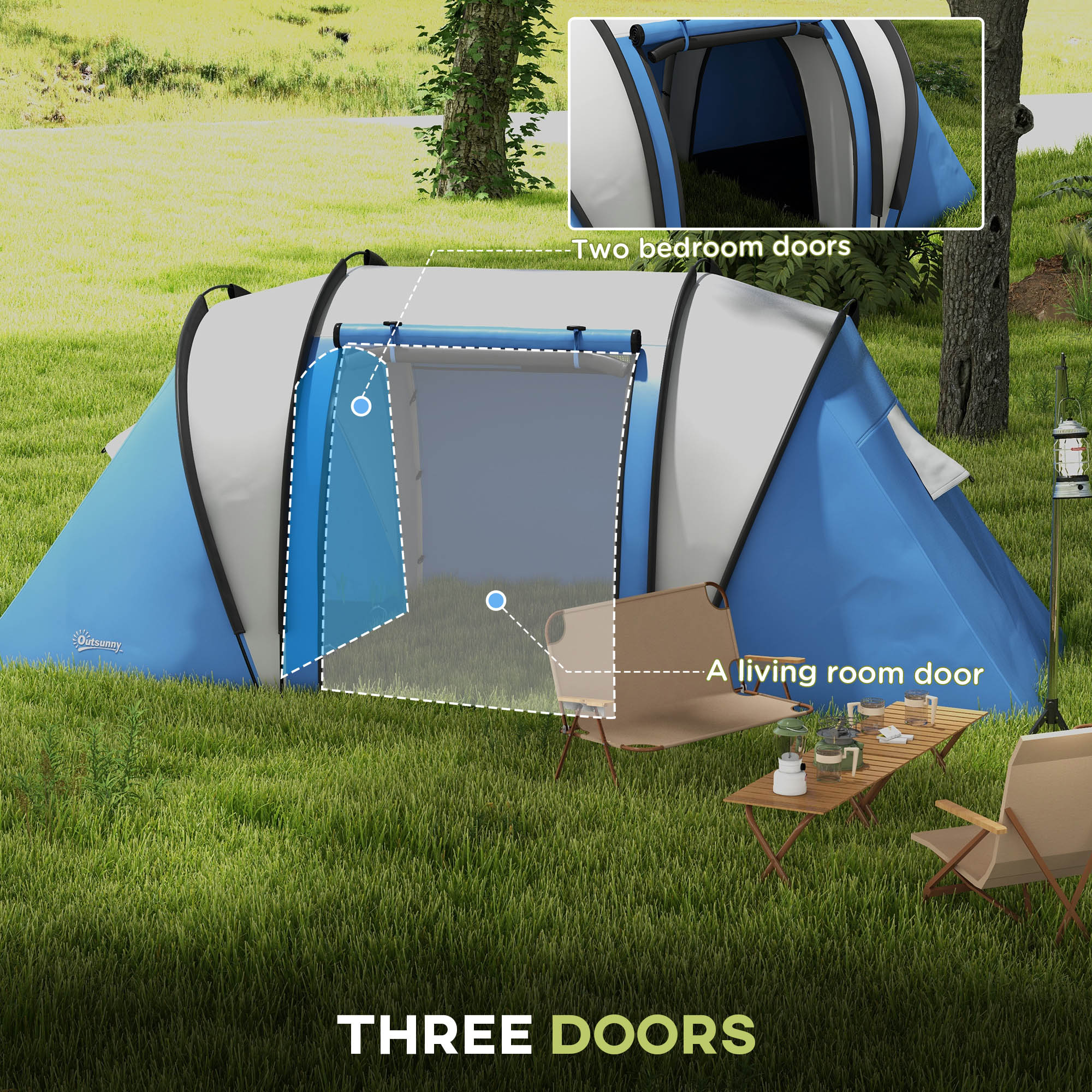 Outsunny Camping Tent with 2 Bedrooms and Living Area, 3000mm Waterproof Family Tent, for Fishing Hiking Festival, Blue - North Peak Garden Furniture