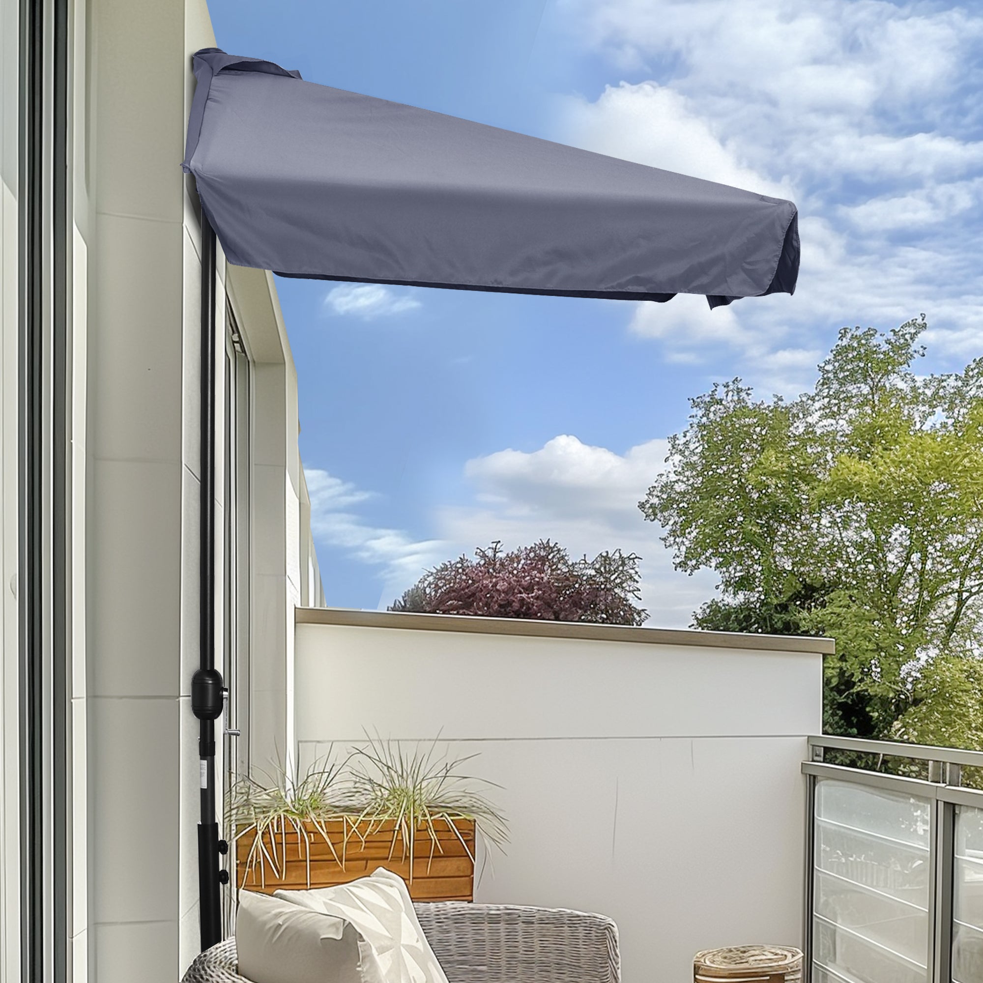 Outsunny 2.3m Half Parasol Semi Round Umbrella Patio Metal Frame Crank Handle for Balcony-- NO BASE INCLUDED, Grey - North Peak Garden Furniture