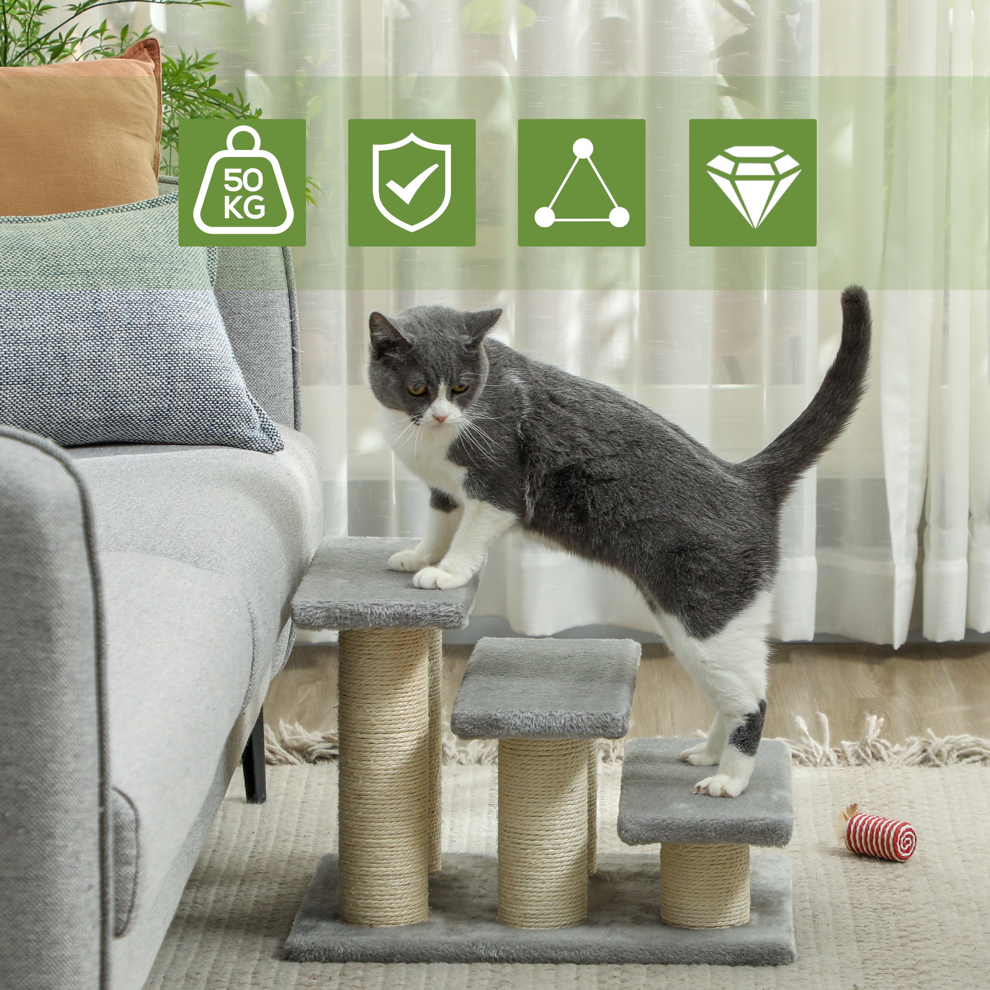 PawHut Pet Stairs 3-step Pet Ladder Cat dog Stairs Climb Ladder Cat Tree, Grey - North Peak Garden Furniture
