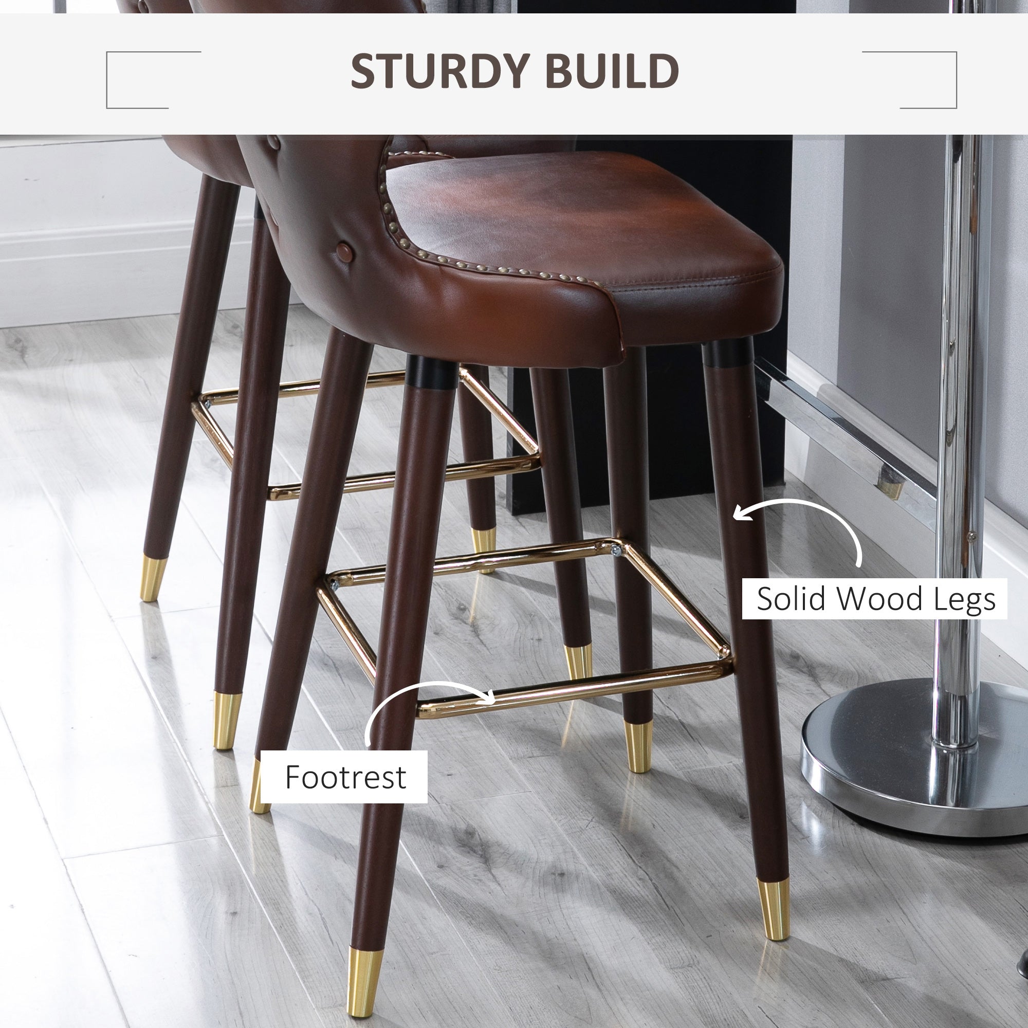 HOMCOM Bar Stools Set of 2, PU Leather Vintage Counter-Height Bar Chair, Luxury European Style Kitchen Stools with Back, Brown - North Peak Garden Furniture