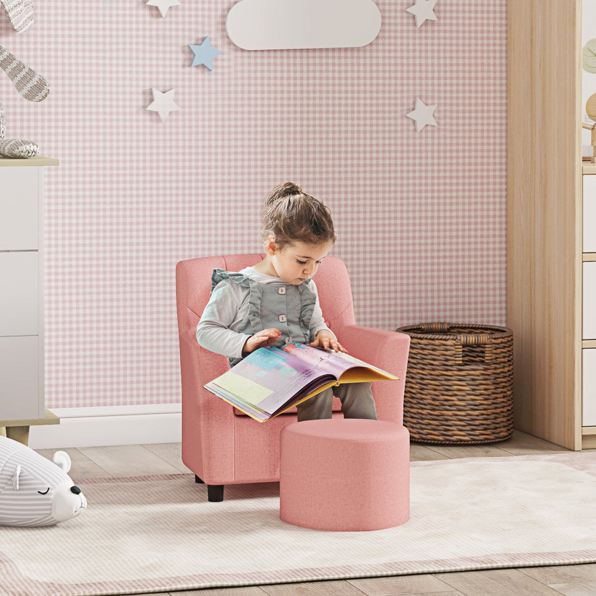 AIYAPLAY 2PCs Kids Sofa Set with Footrest, for Playroom, Bedroom, Pink - North Peak Garden Furniture
