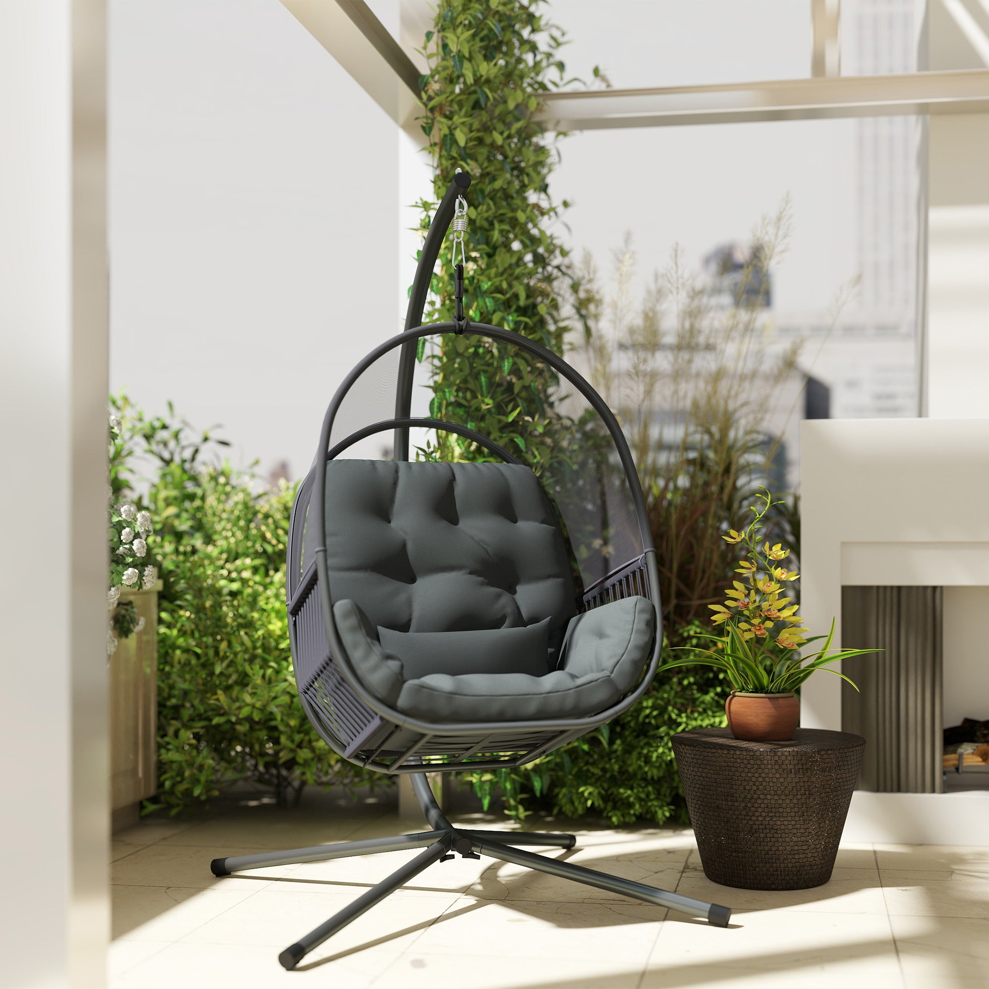 Outsunny Hanging Egg Chair Outdoor Indoor, Swing Hammock Chair with Stand, Cushions, Lumbar Pillow, Adjustable Height and Steel Frame for Garden Patio Lounge Porch, Dark Grey - North Peak Garden Furniture