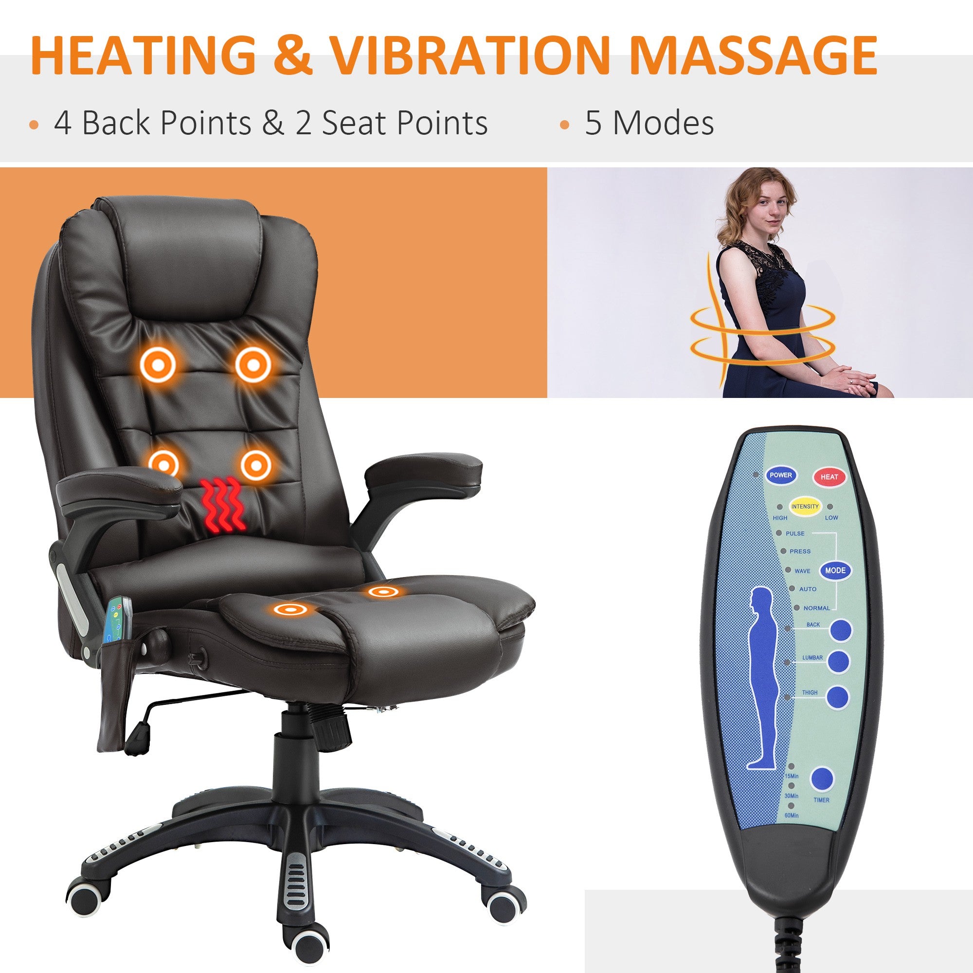 HOMCOM Executive Office Chair with Massage and Heat, High Back PU Leather Massage Office Chair with Adjustable Height, Brown - North Peak Garden Furniture