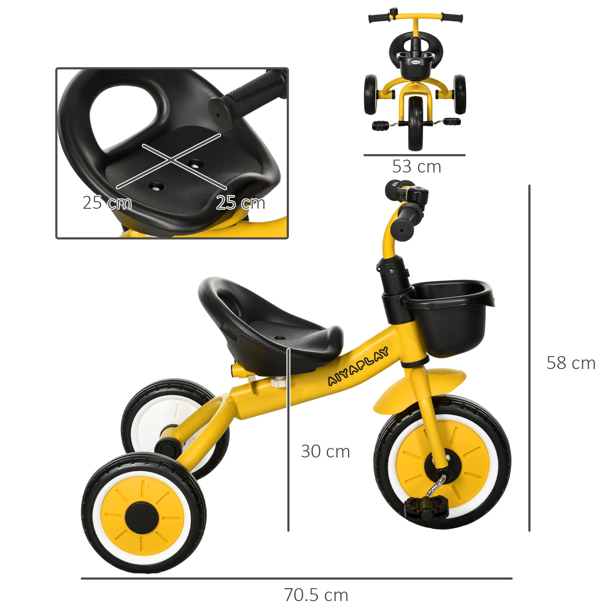 AIYAPLAY Kids Trike, Tricycle, with Adjustable Seat, Basket, Bell, for Ages 2-5 Years - Yellow - North Peak Garden Furniture