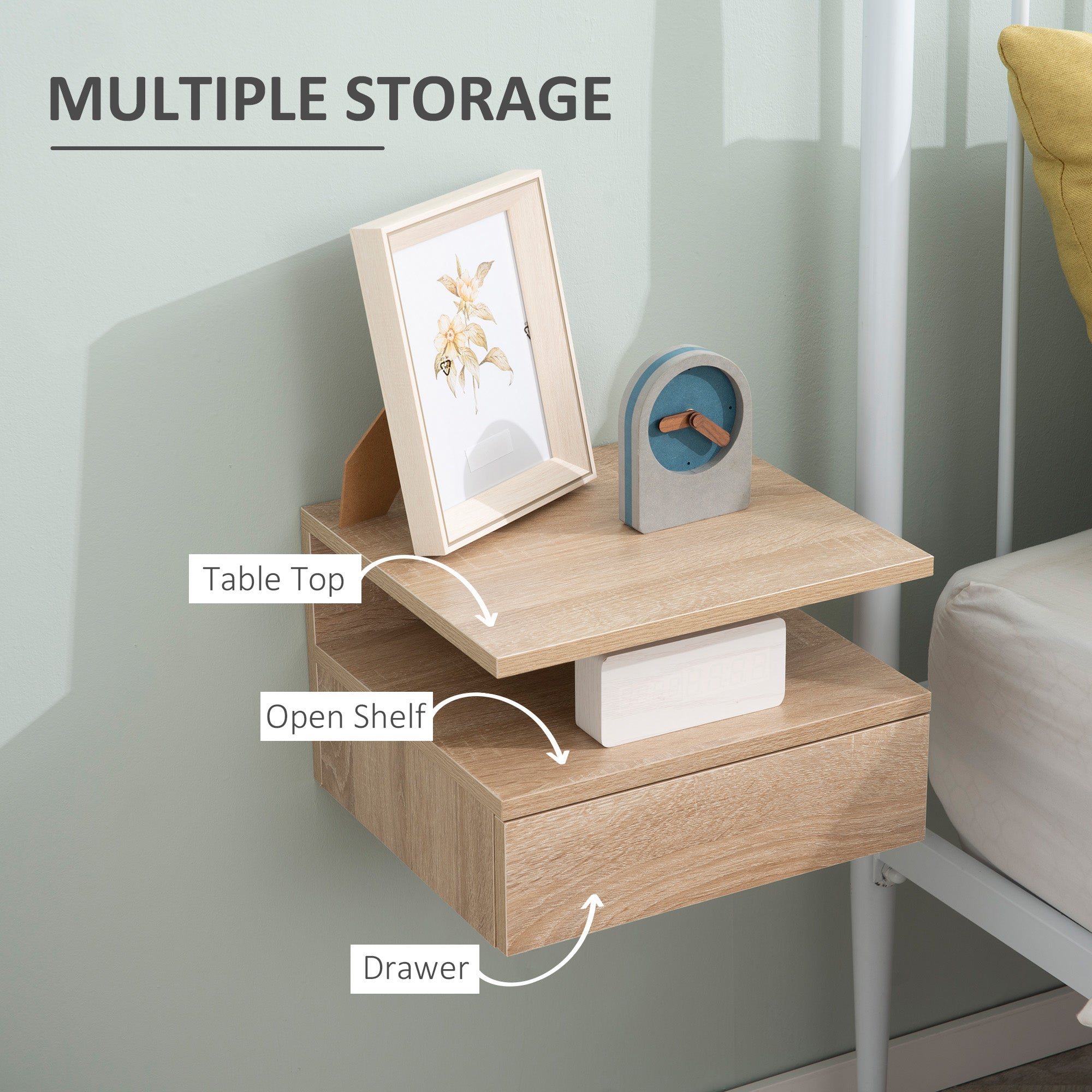 HOMCOM Set of Two Floating Bedside Tables - Oak Tone - North Peak Garden Furniture