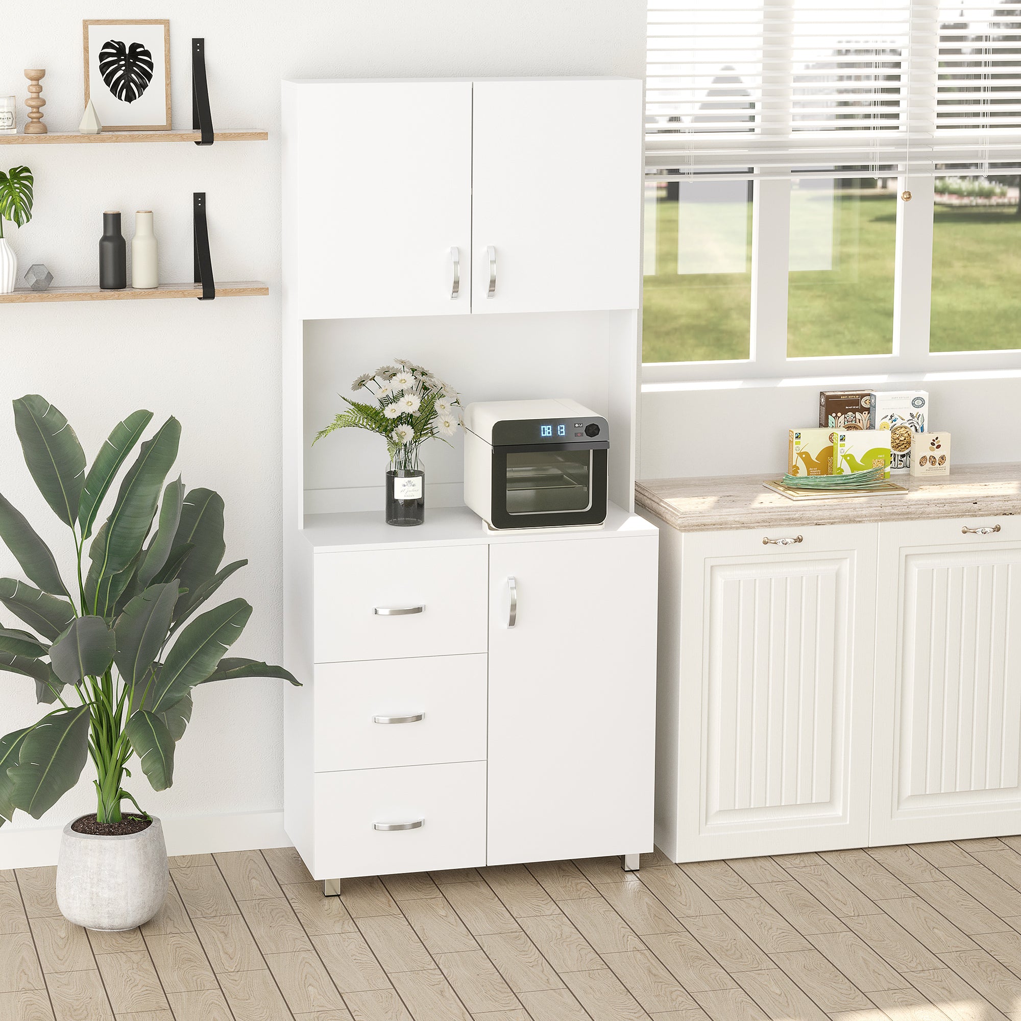 HOMCOM Free standing Kitchen Cupboard, Storage Cabinet with Doors and Sheleves, 3 drawers and Open Space, Adjustable Height Storage Unit, White - North Peak Garden Furniture