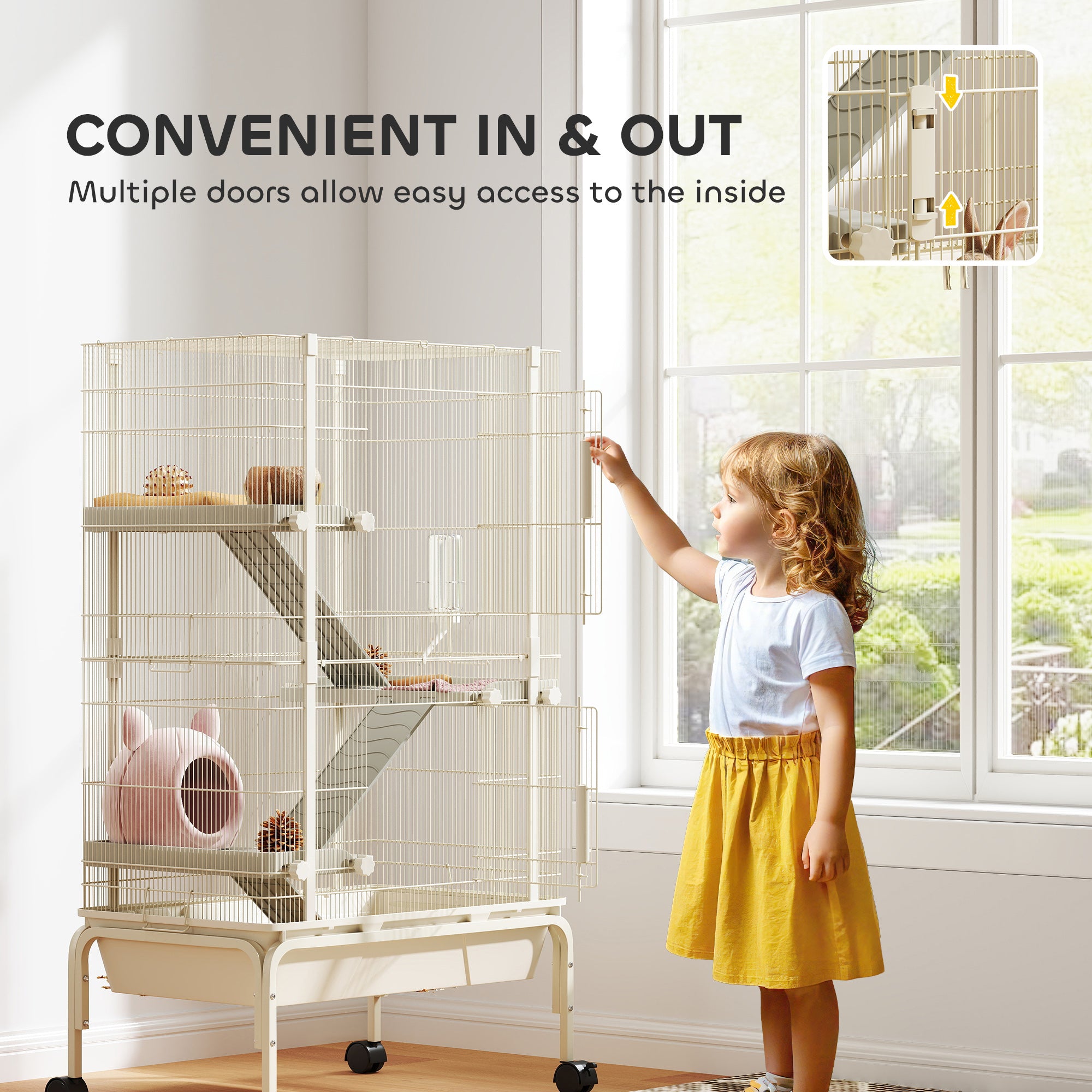 PawHut 4 Levels Rolling Small Animal Cage, Rabbit Cage with 3 Ramps, Water Bottle, Food Dish, 15cm Deep Tray, Beige - North Peak Garden Furniture
