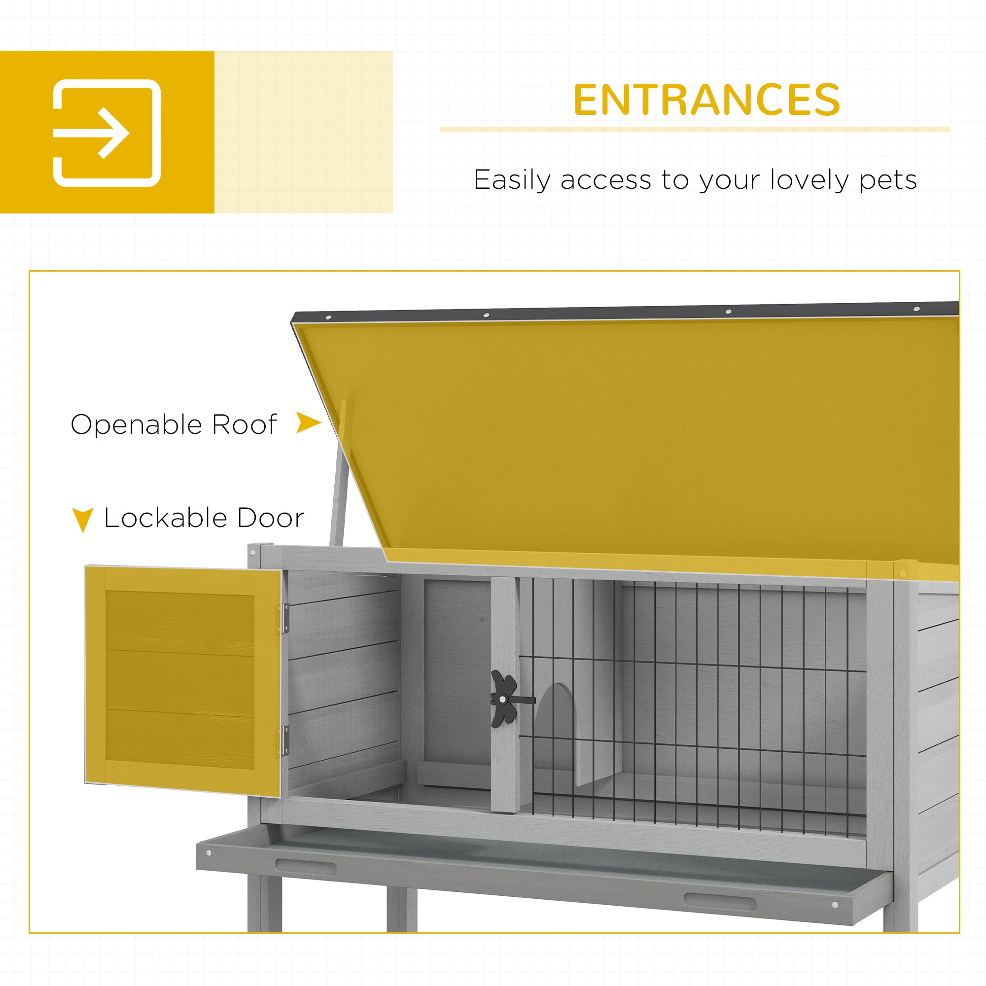 PawHut Wooden Guinea Pig Hutch, Small Animal Cage with Slide-out Tray, Openable Asphalt Roof, 84 x 43 x 70cm, Grey