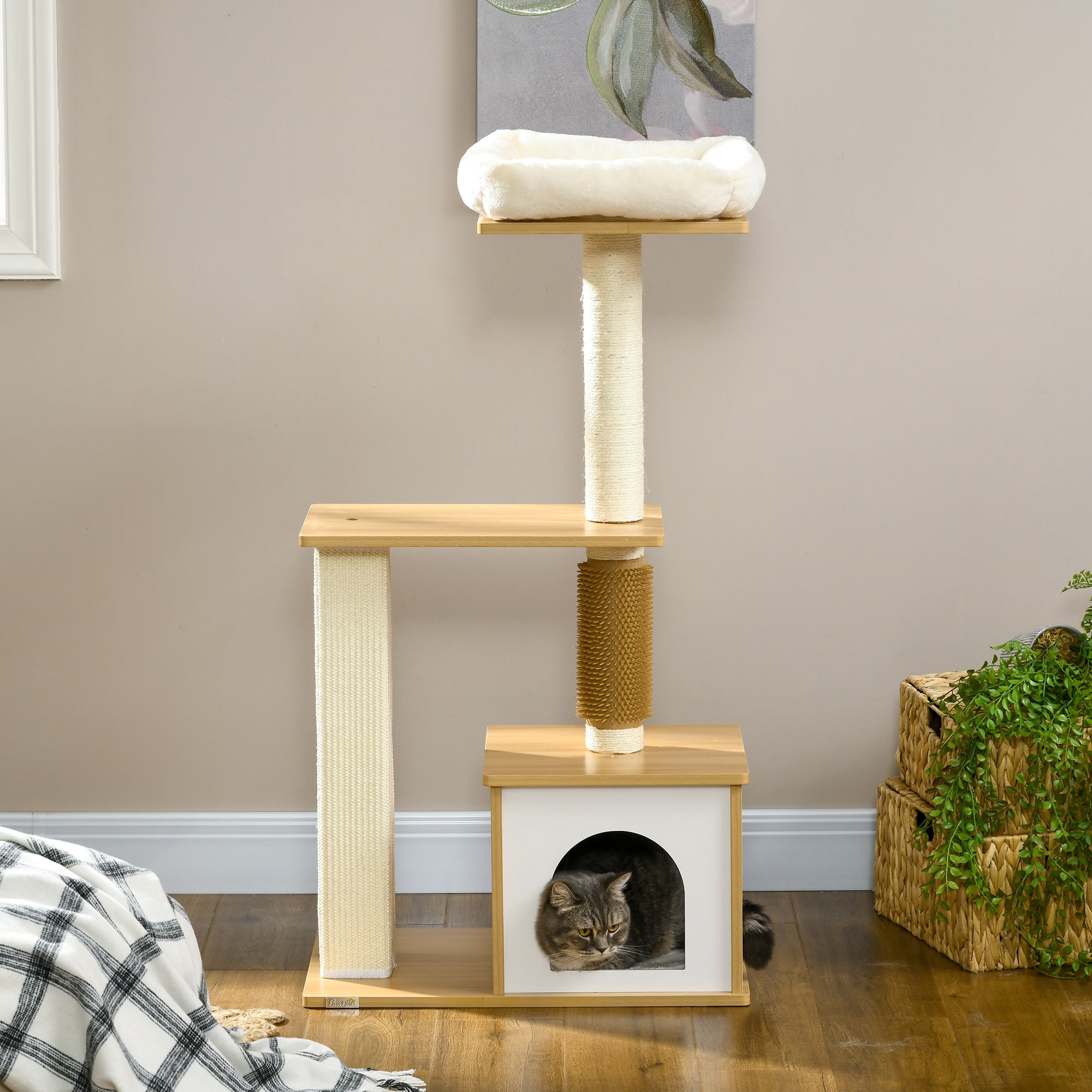 PawHut Cat Tree: Multi-Level Scratching Post, House & Perches in Oak Tone for Feline Fun | Aosom UK