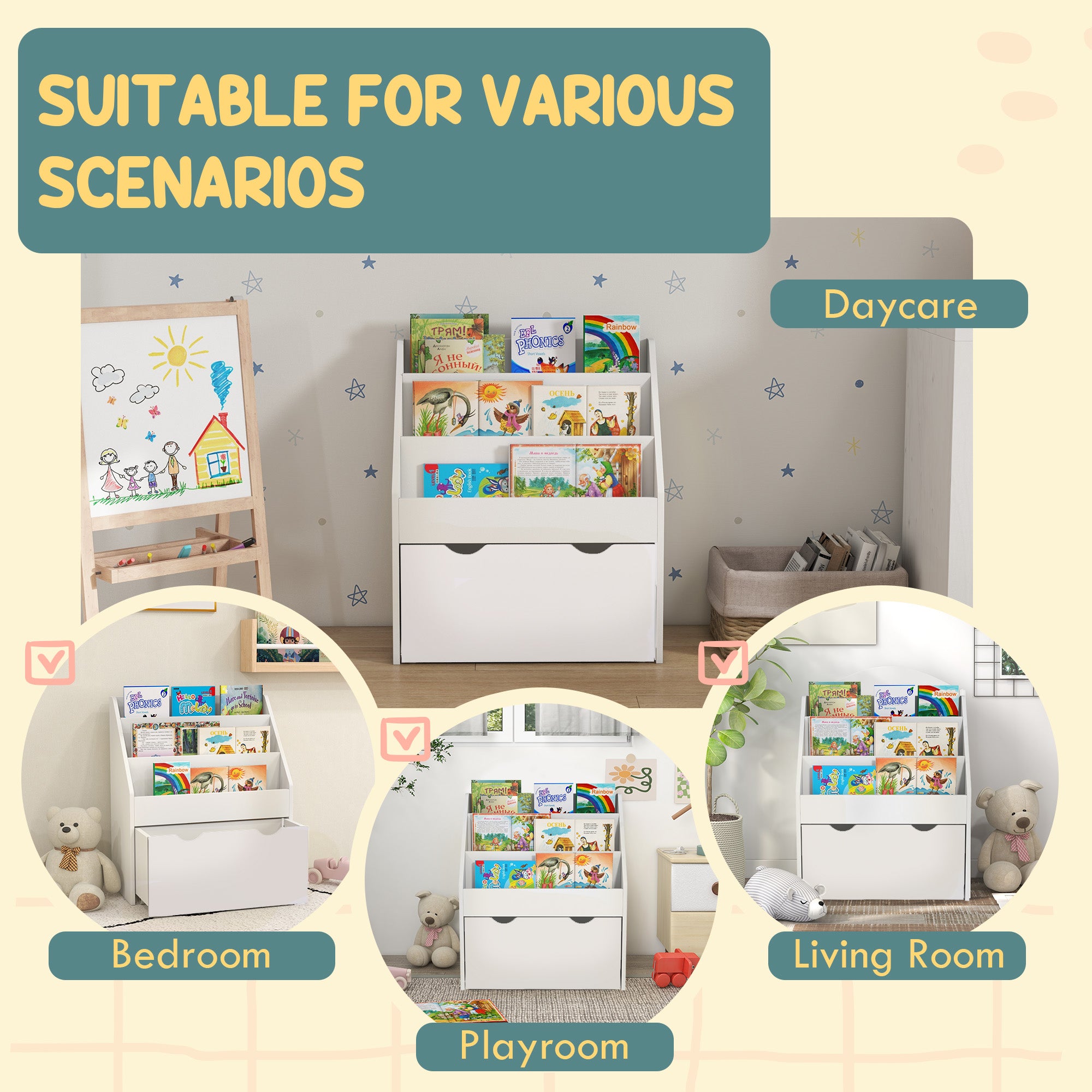 AIYAPLAY Bookcase for Kids with Shelves, Drawer, Bookcase for Bedroom, Playroom, White - North Peak Garden Furniture