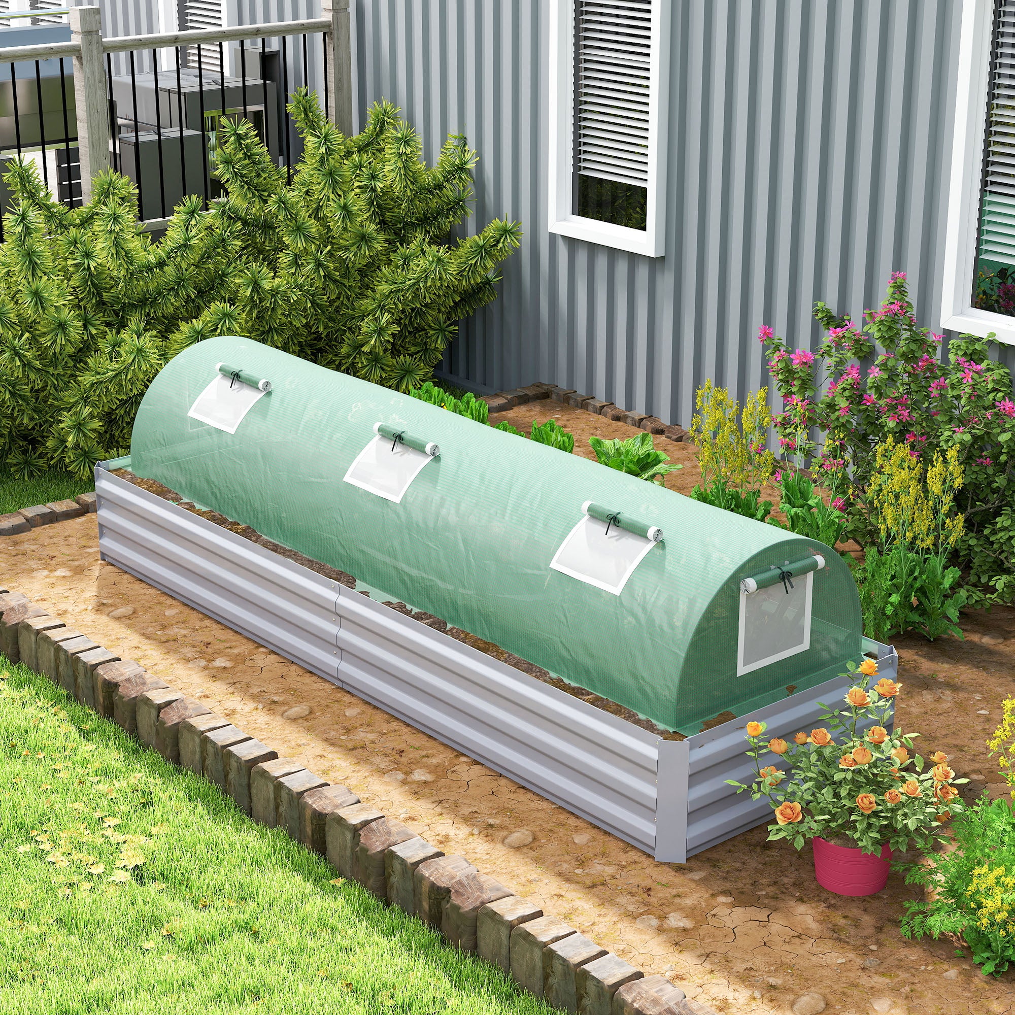 Outsunny Mini Greenhouse, Portable Tunnel Green House, Green Grow House Steel Frame with 5 Mesh Windows, 3 M, Green - North Peak Garden Furniture