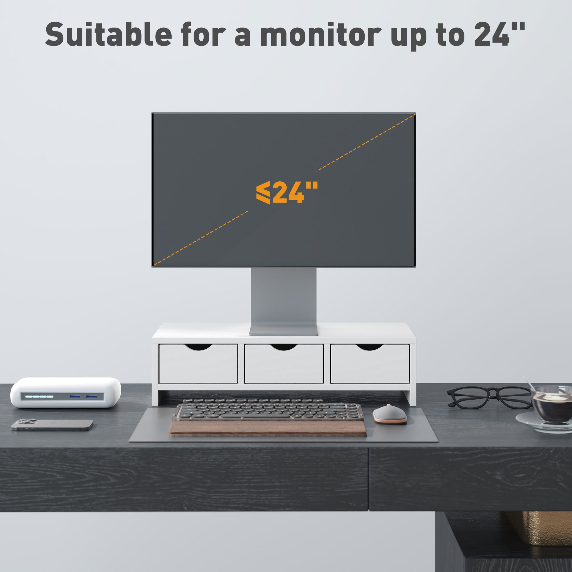 HOMCOM Monitor Stand Riser with 3 Drawers, Monitor Riser for Laptop, Computer, PC, Small Printer, 51 x 24 x 13cm, White - North Peak Garden Furniture