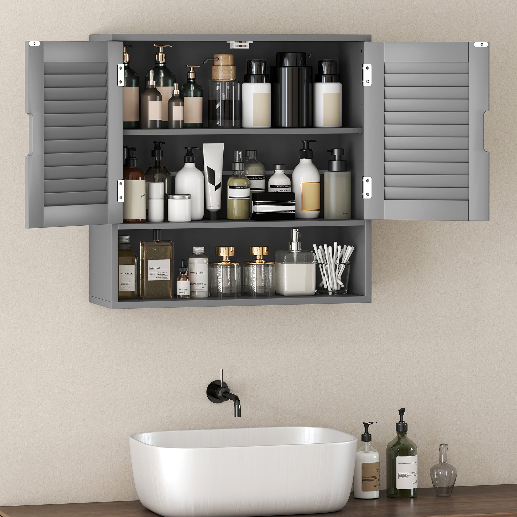 HOMCOM Bathroom Cabinet, Wall Mounted Storage Cabinet with Adjustable Shelves, 60 x 20 x 60 cm, Grey