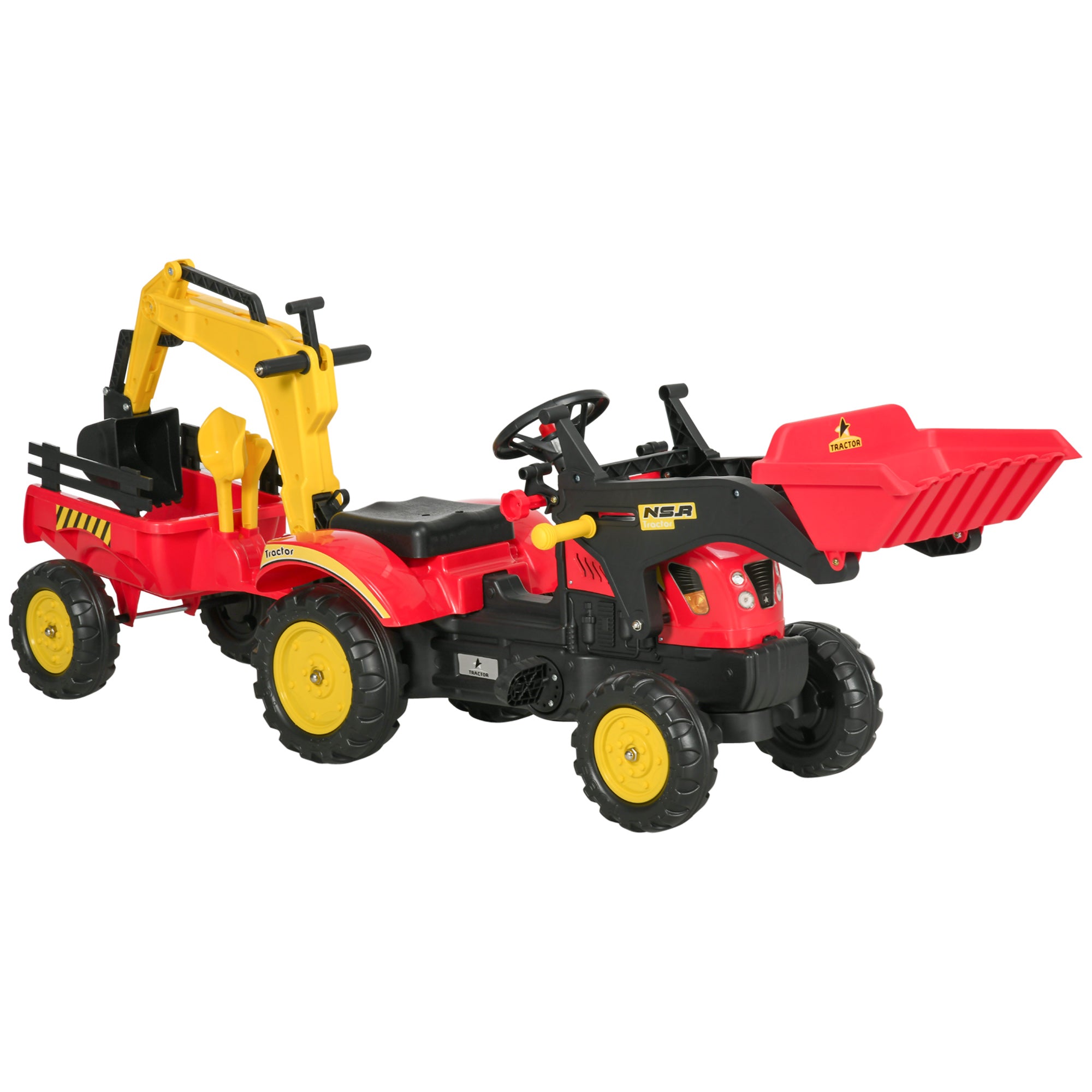 HOMCOM Kids Children Pedal Go Kart Ride On Toy Car Excavator Tractor w/ Moving Bucket Steering Wheel Removable Digger For 3 - 6 Years - North Peak Garden Furniture