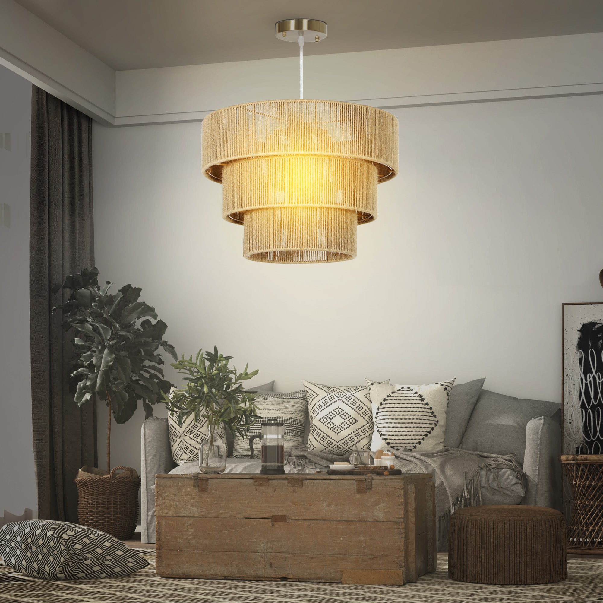 HOMCOM Hemp Rope Ceiling Light, 3-Layer Boho Pendant Light, E14 Vintage Ceiling Lamp Fixtures for Living Room, Bedroom, Kitchen, Hallway, Light Brown - North Peak Garden Furniture