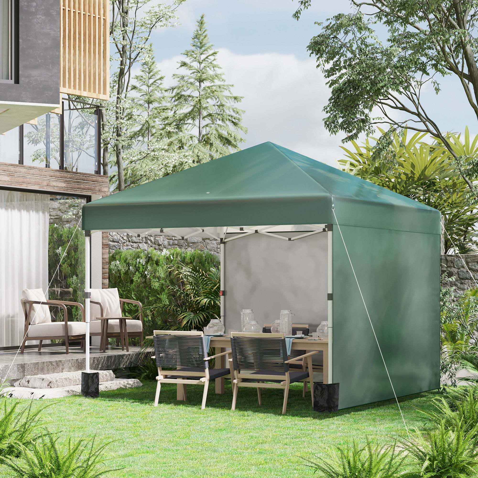 Outsunny 3 x 3 (M) Pop Up Gazebo, UPF 30+ with 2 Sidewalls, Leg Weight Bags and Wheeled Bag, Height Adjustable Party Tent Event Shelter for Garden, Patio, Green - North Peak Garden Furniture