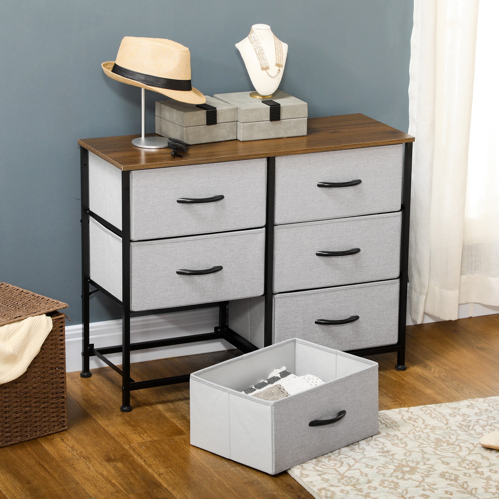 HOMCOM Fabric Chest of Drawers, Storage Drawers, Industrial Bedroom Dresser with 6 Fabric Drawers, Steel Frame and Wooden Top for Nursery, Living Room, Hallway, Grey - North Peak Garden Furniture