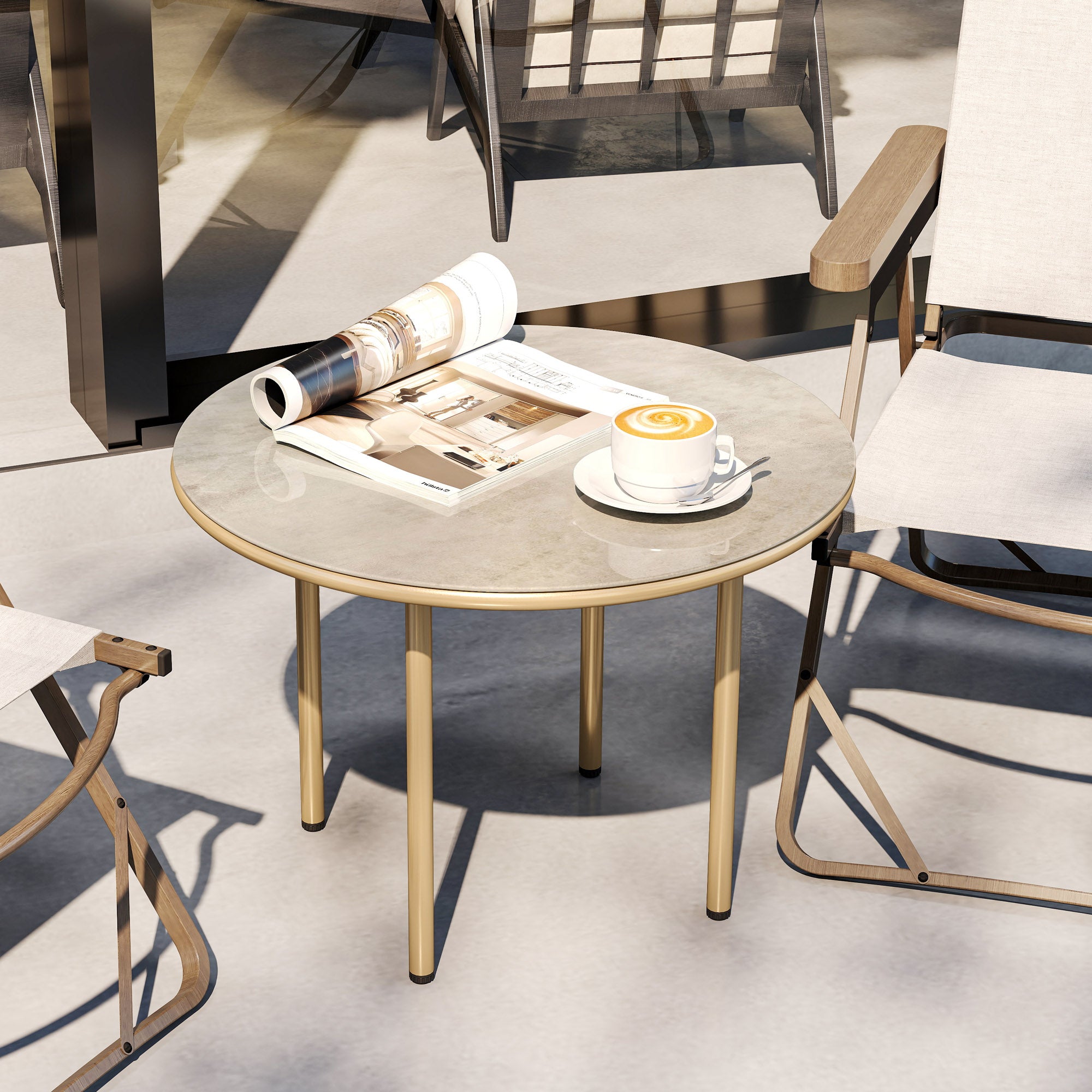 Outsunny Round Small Garden Table, 60cm Outdoor Side Table with Faux Marble Tempered Glass Top, Steel Frame for Garden Patio Balcony, Beige - North Peak Garden Furniture