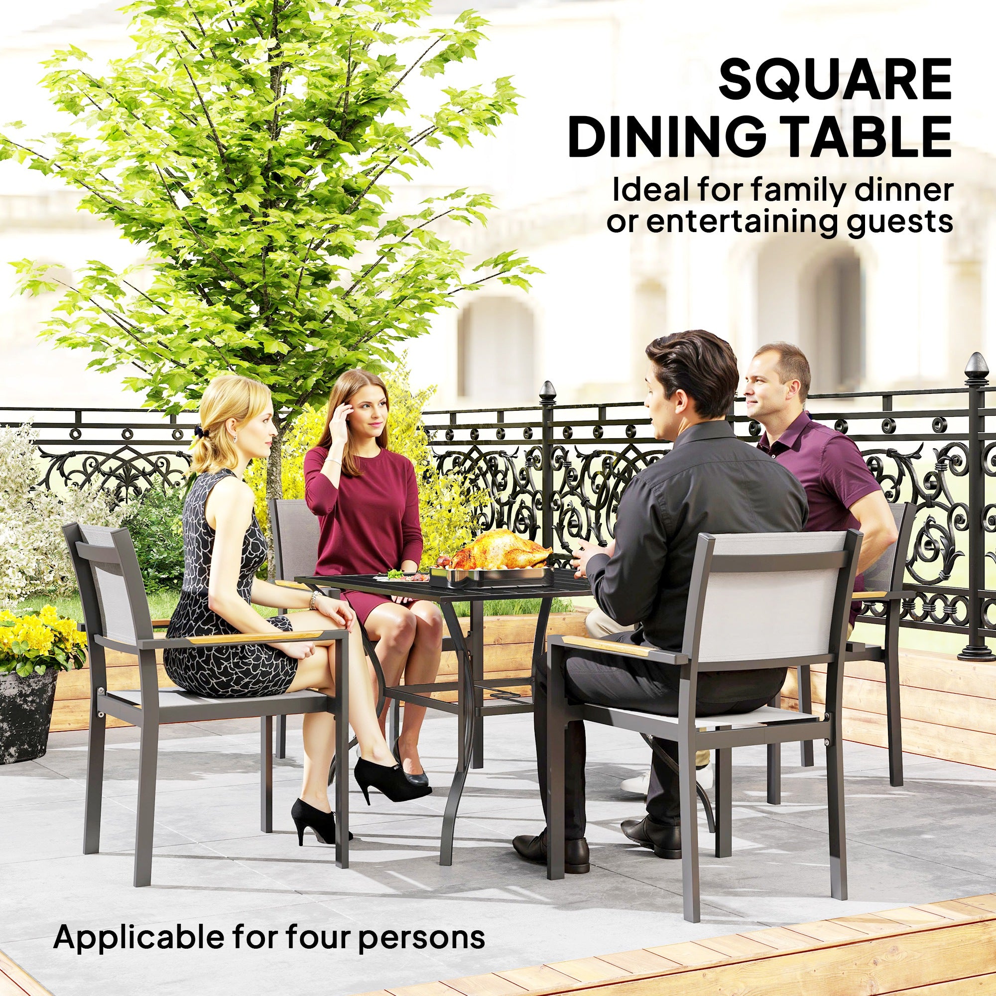 Outsunny 94 x 94 cm Garden Table with Parasol Hole, Outdoor Dining Garden Table for Four with Slatted Metal Plate Top, Black - North Peak Garden Furniture